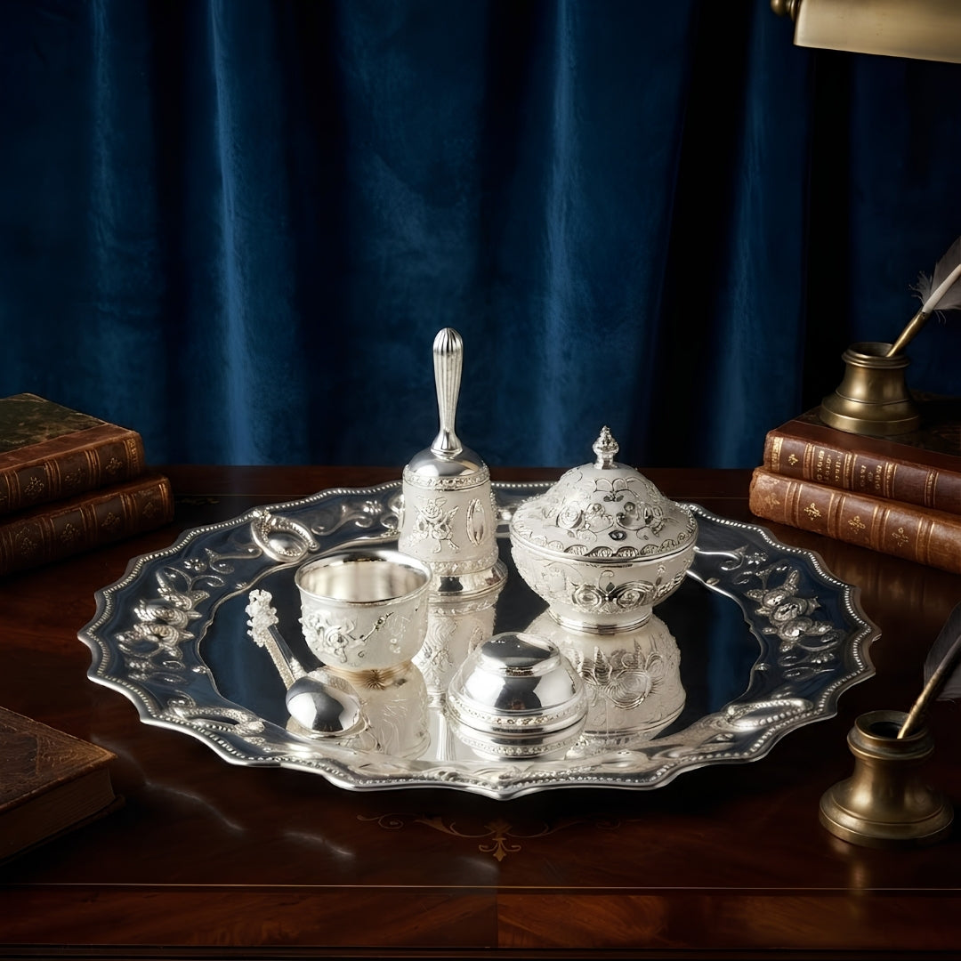 Silver-Plated Floral Design Pooja Thali Set