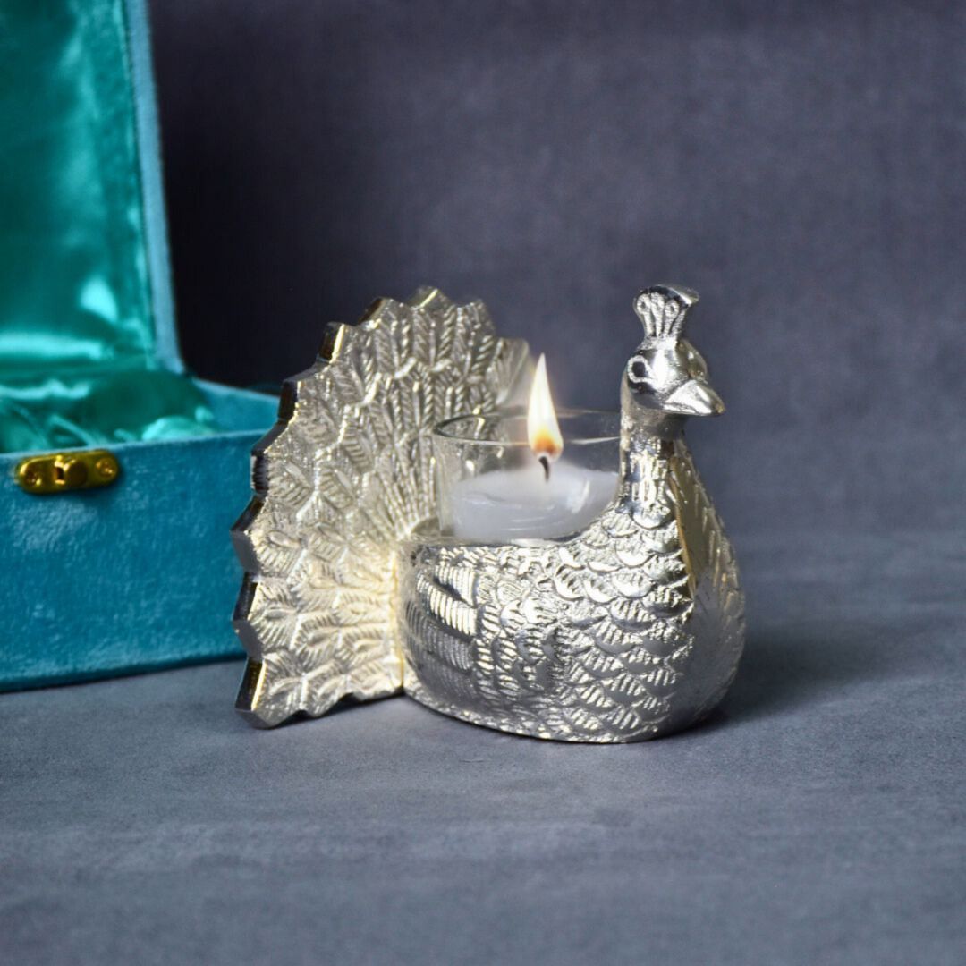 Silver Peacock Candle Holder