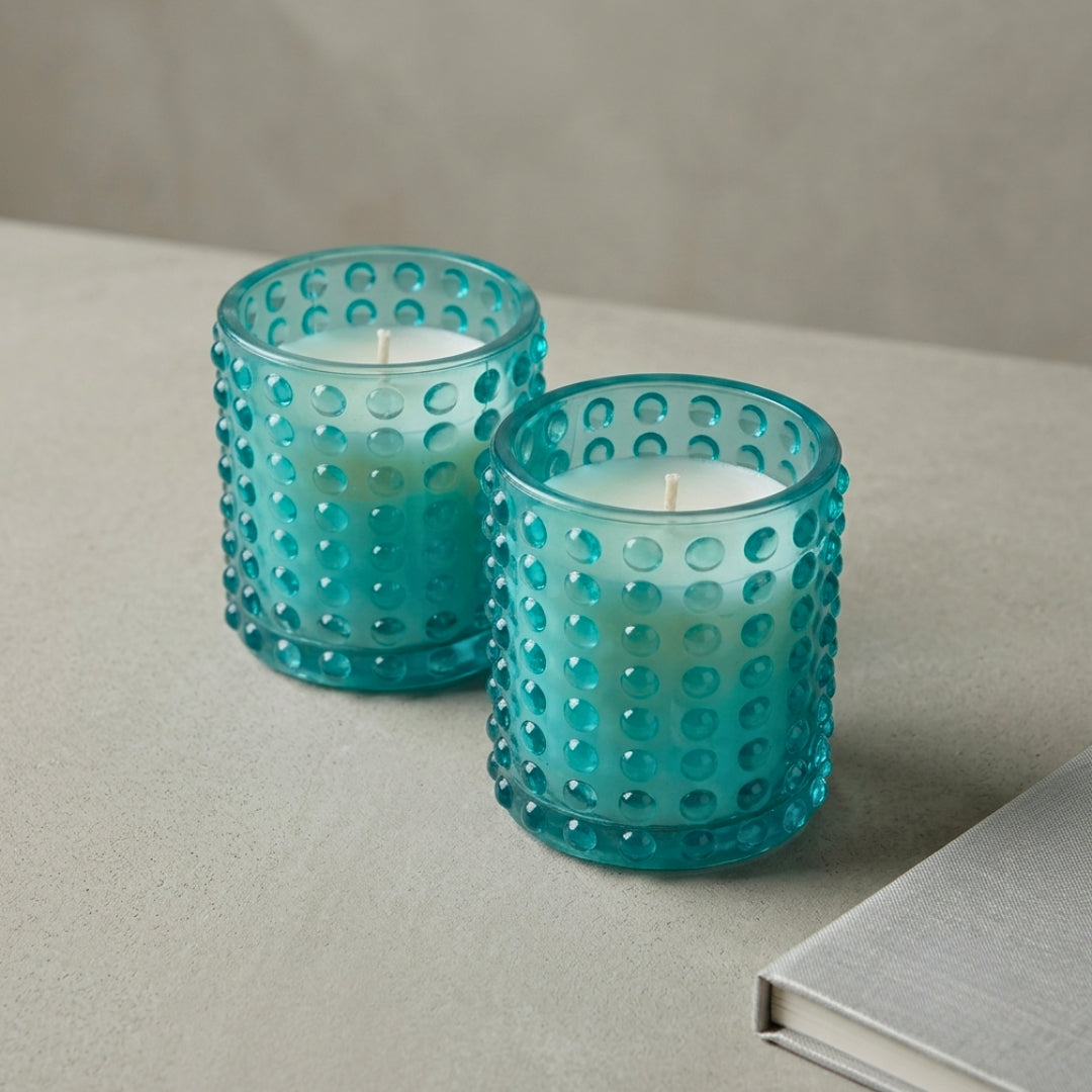 Blue Dotted Glass Votive Candle Holders - Scented Wax Set (Set of 2)