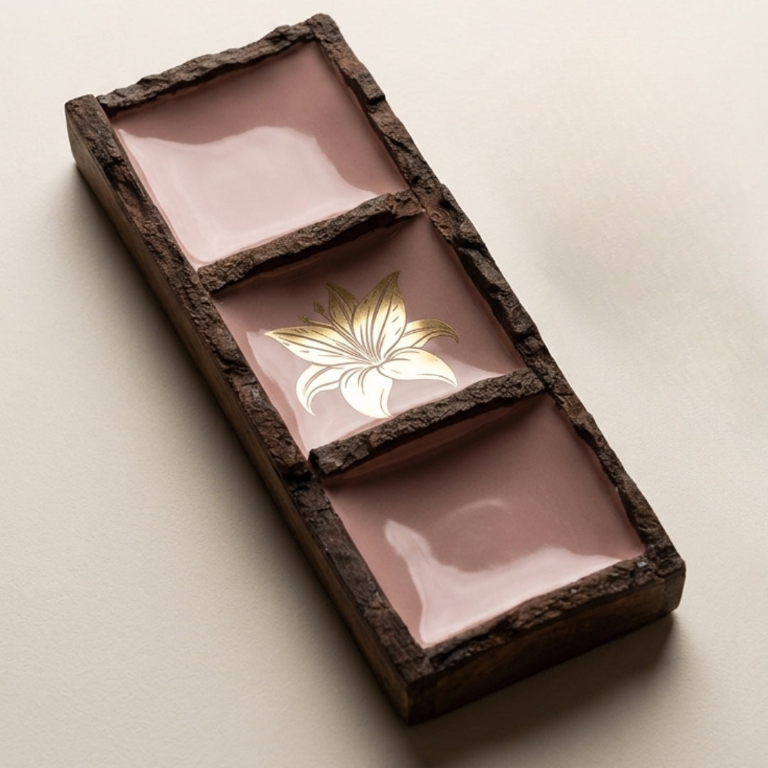 Peach Enamel Wooden 3-Section Dip & Nut Platter with Tulip Foil Print
