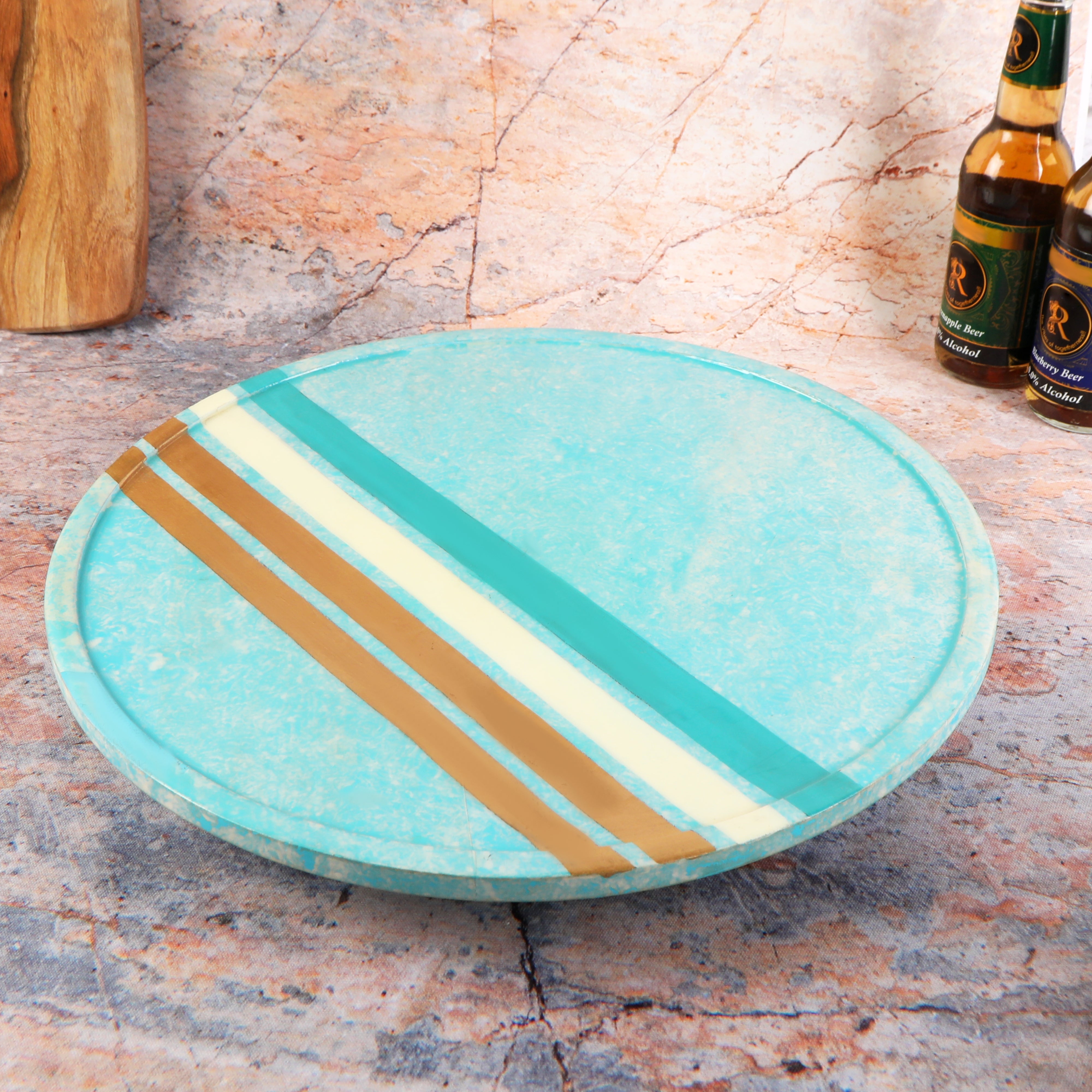 Wooden Blue Line Marble Finish Lazy Susan