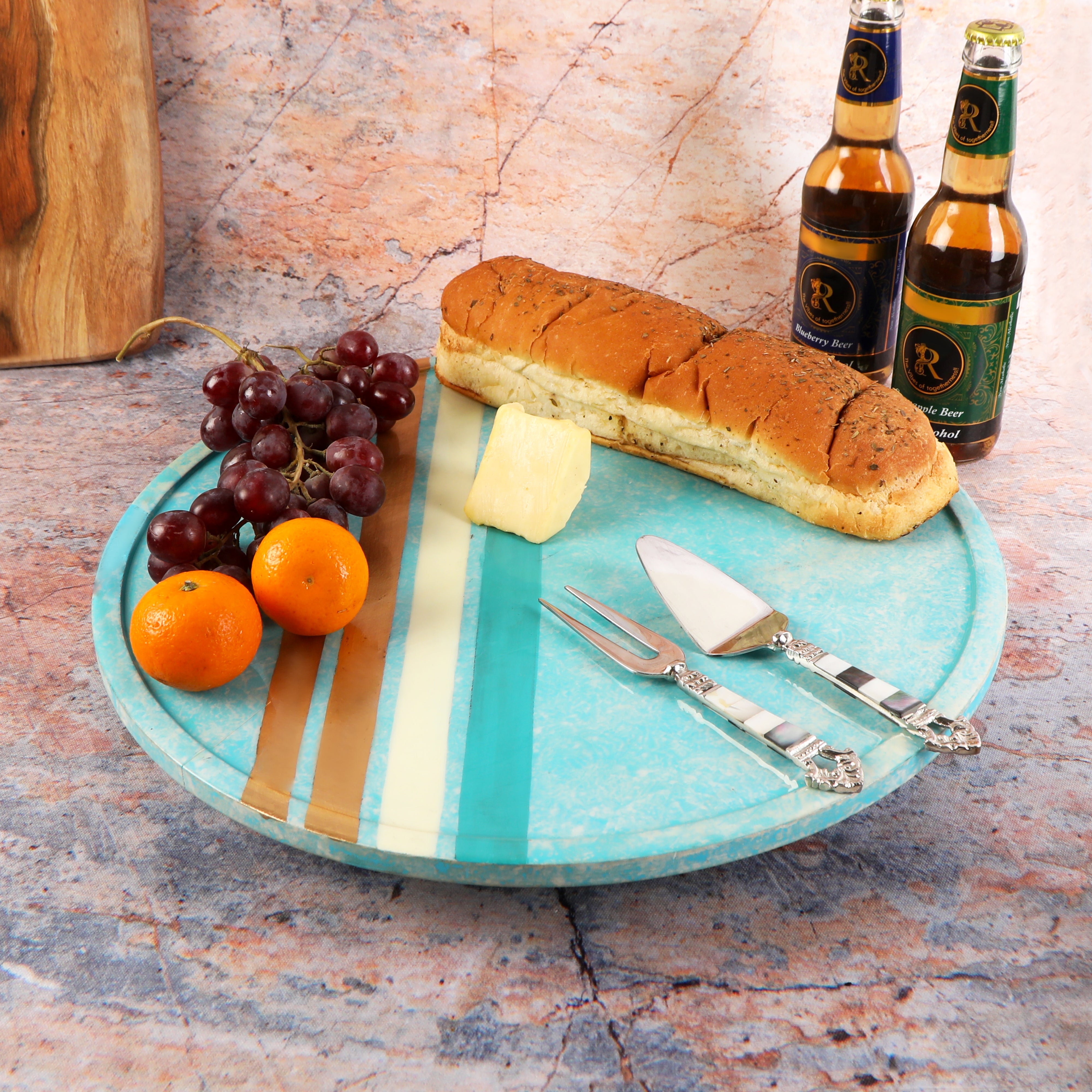 Wooden Blue Line Marble Finish Lazy Susan