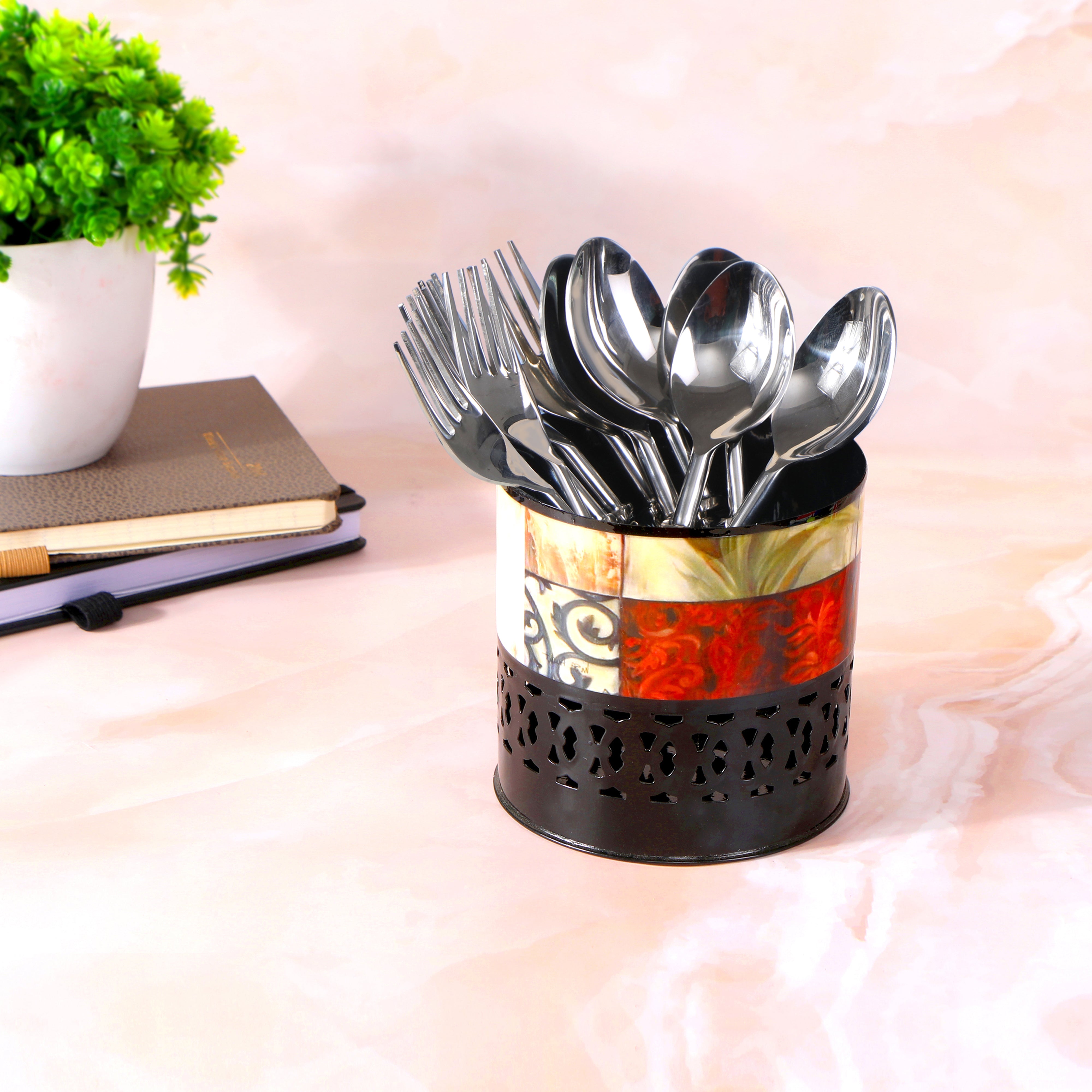 Round Cutlery Holder - Beige Flower