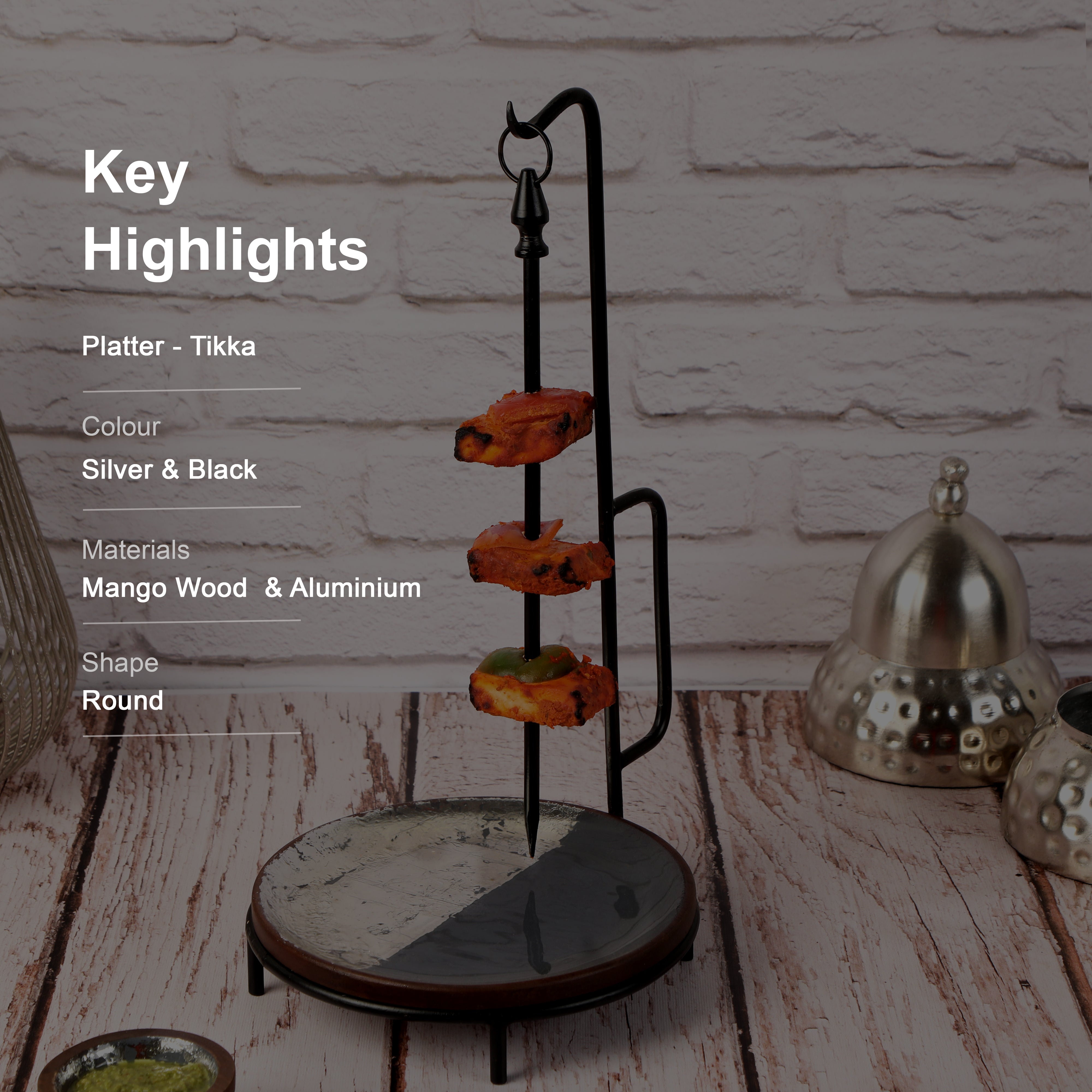 Wooden Enameled With Silver Foil Kebab & Tikka Platter