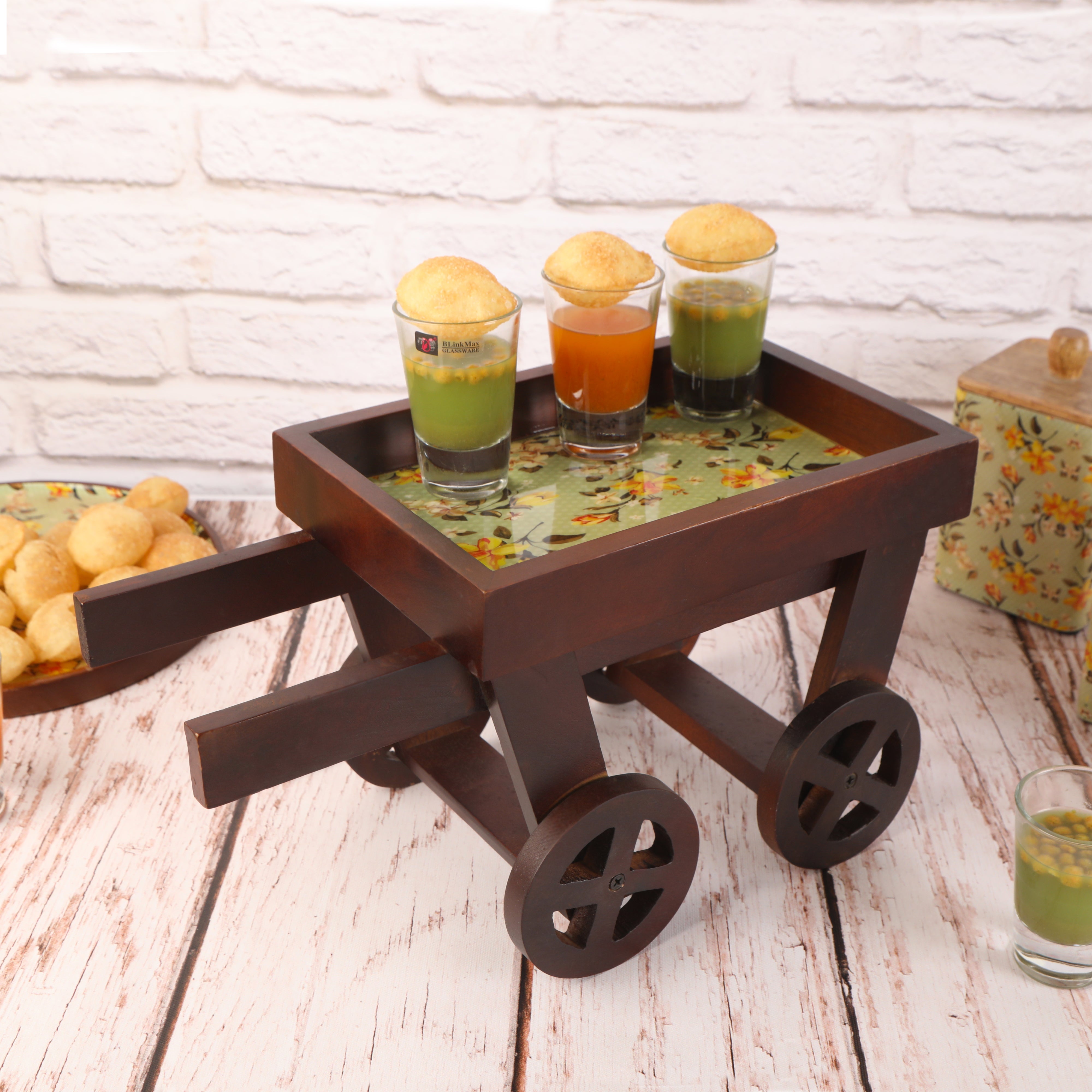 Pista Green Floral Print & Enameled Wooden Cart Platter