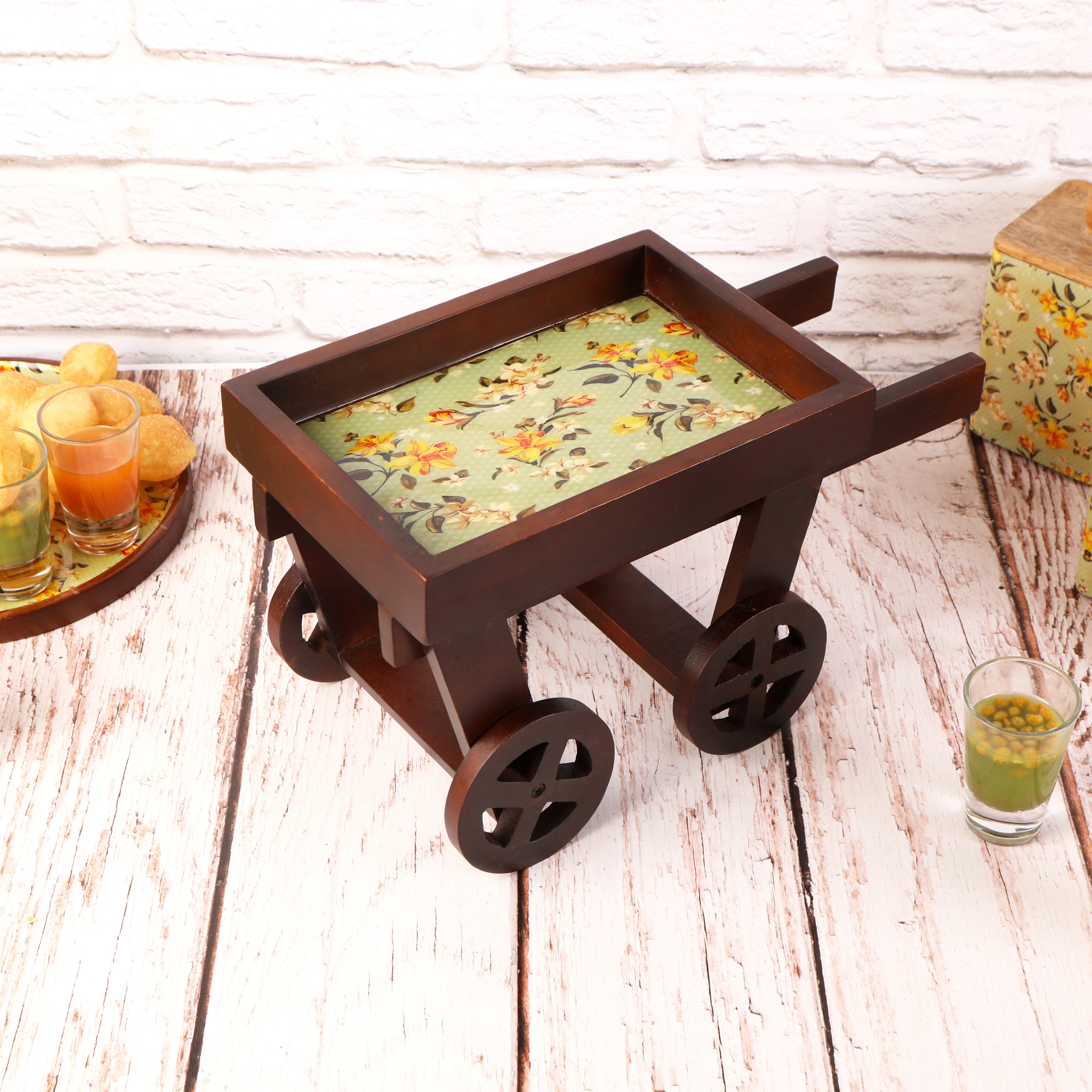 Pista Green Floral Print & Enameled Wooden Cart Platter