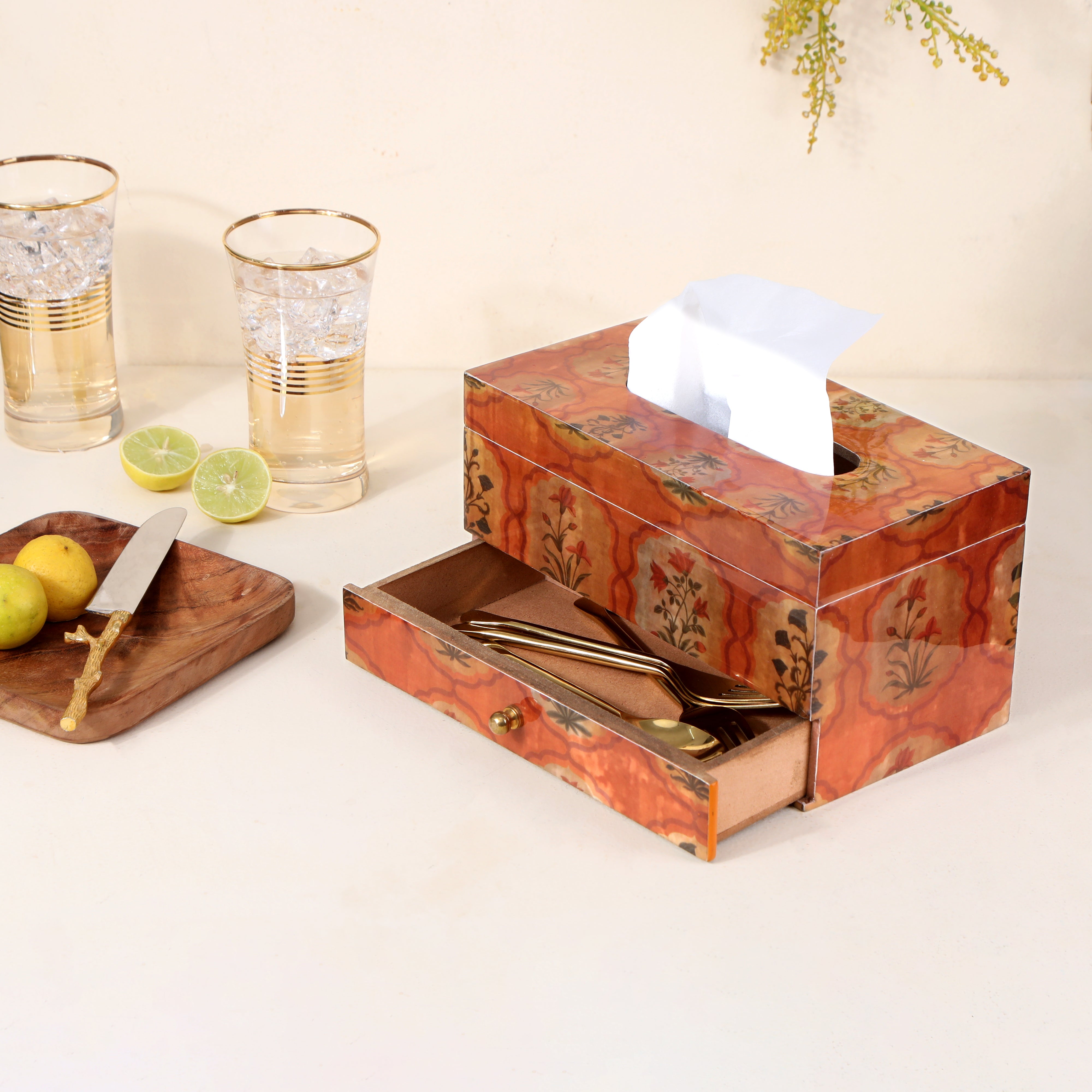 Tissue Box - Brown With Drawer - The Home Co.