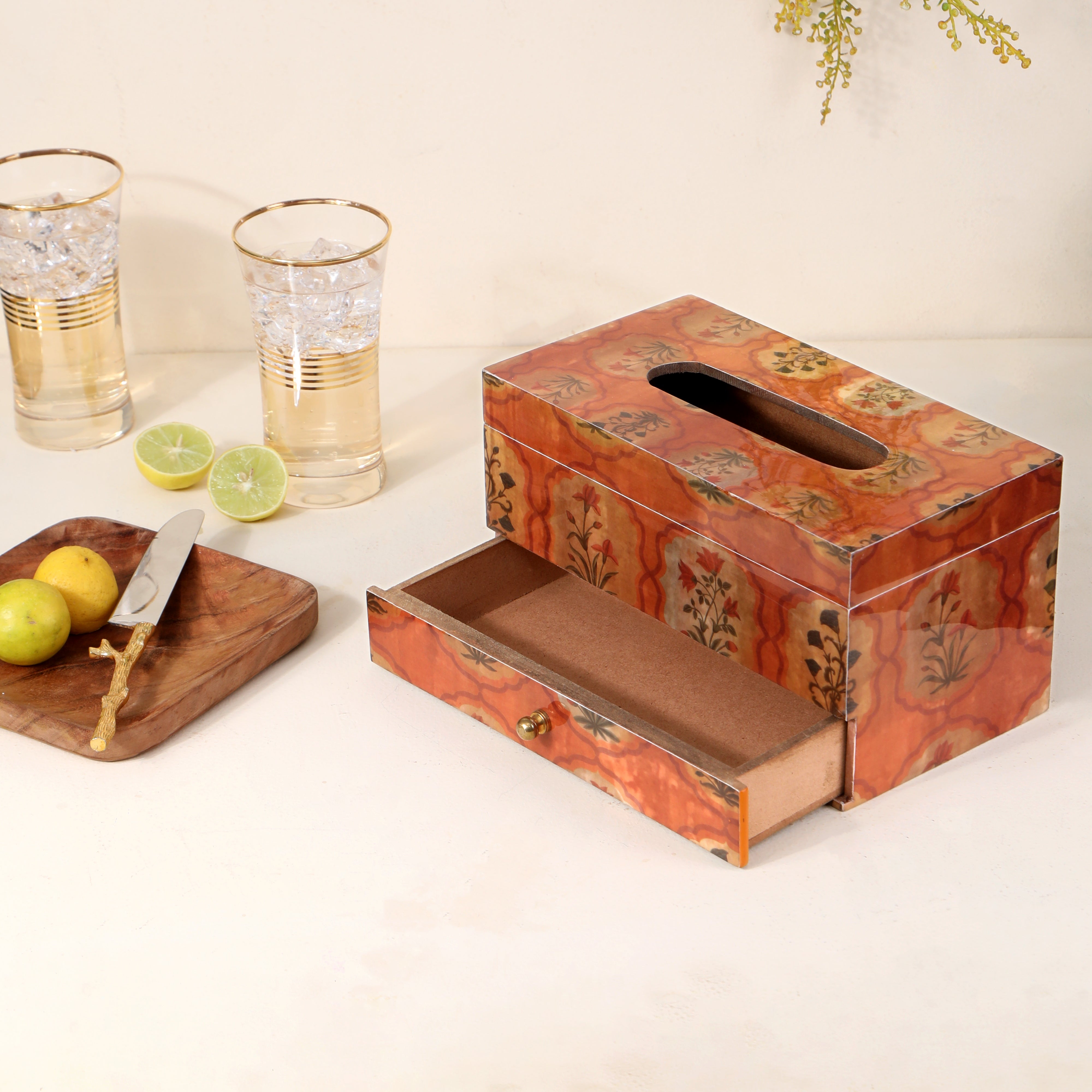 Tissue Box - Brown With Drawer 1- The Home Co.