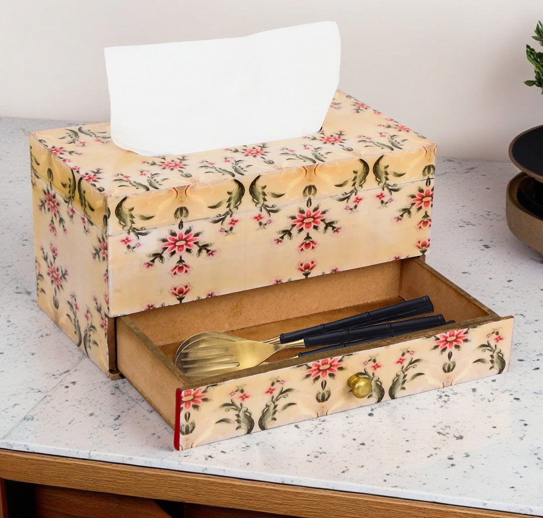 Tissue Box - Peach Leafs Pattern With Drawer