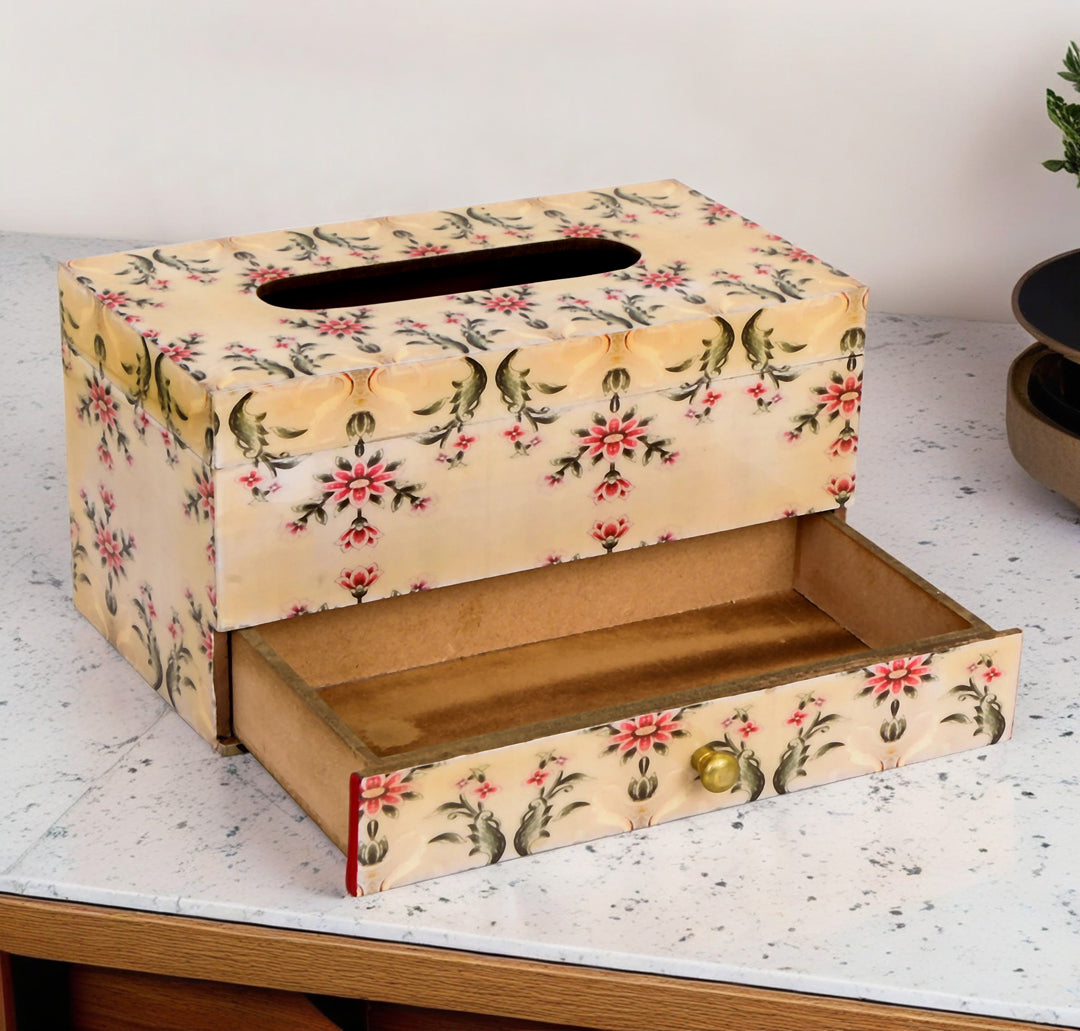 Tissue Box - Peach Leafs Pattern With Drawer