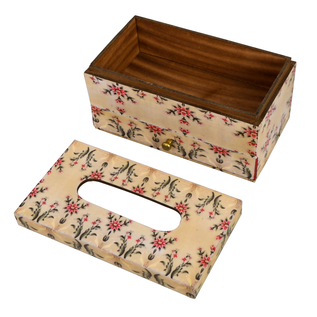 Tissue Box - Peach Leafs Pattern With Drawer