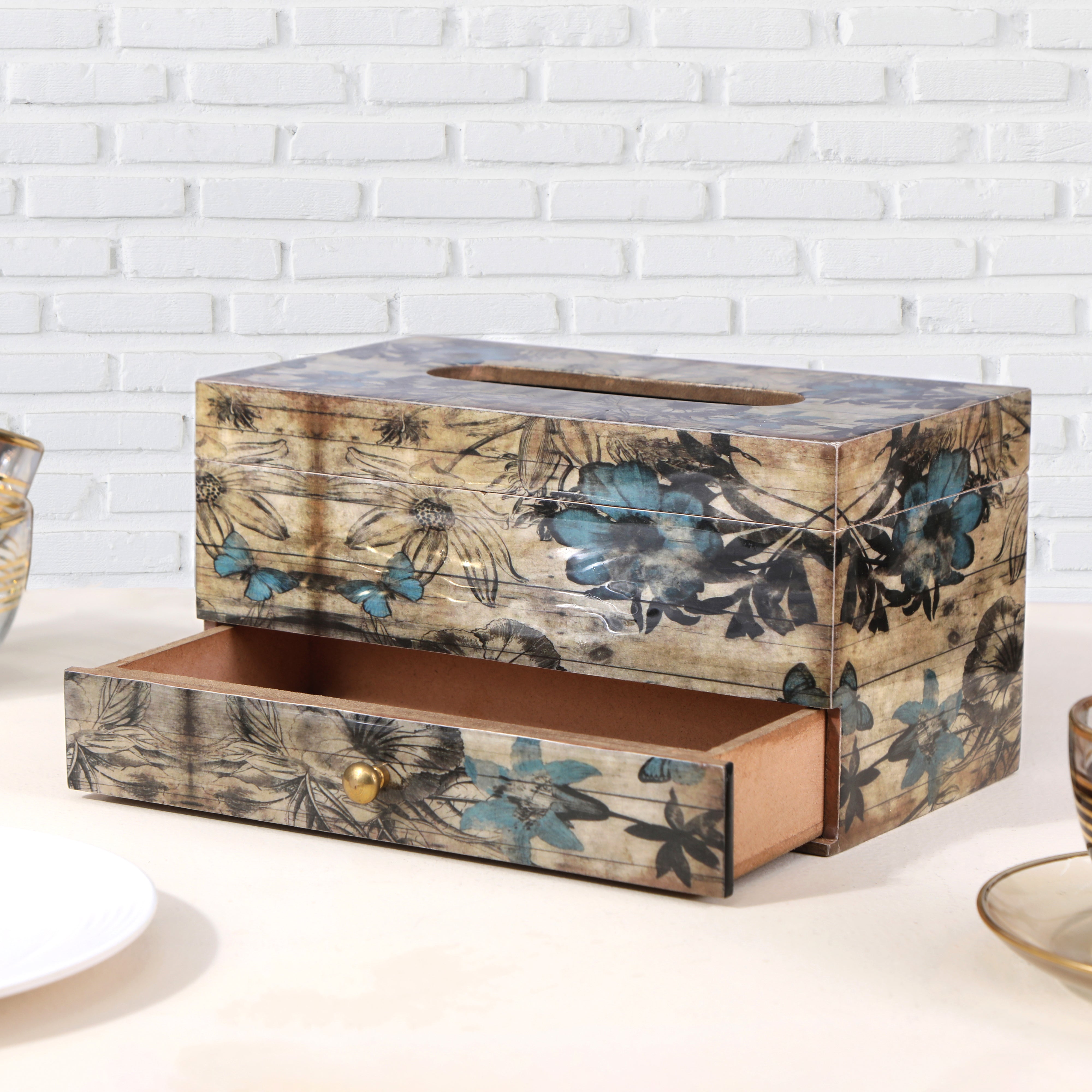 Tissue Box - Blue With Drawer 1- The Home Co.