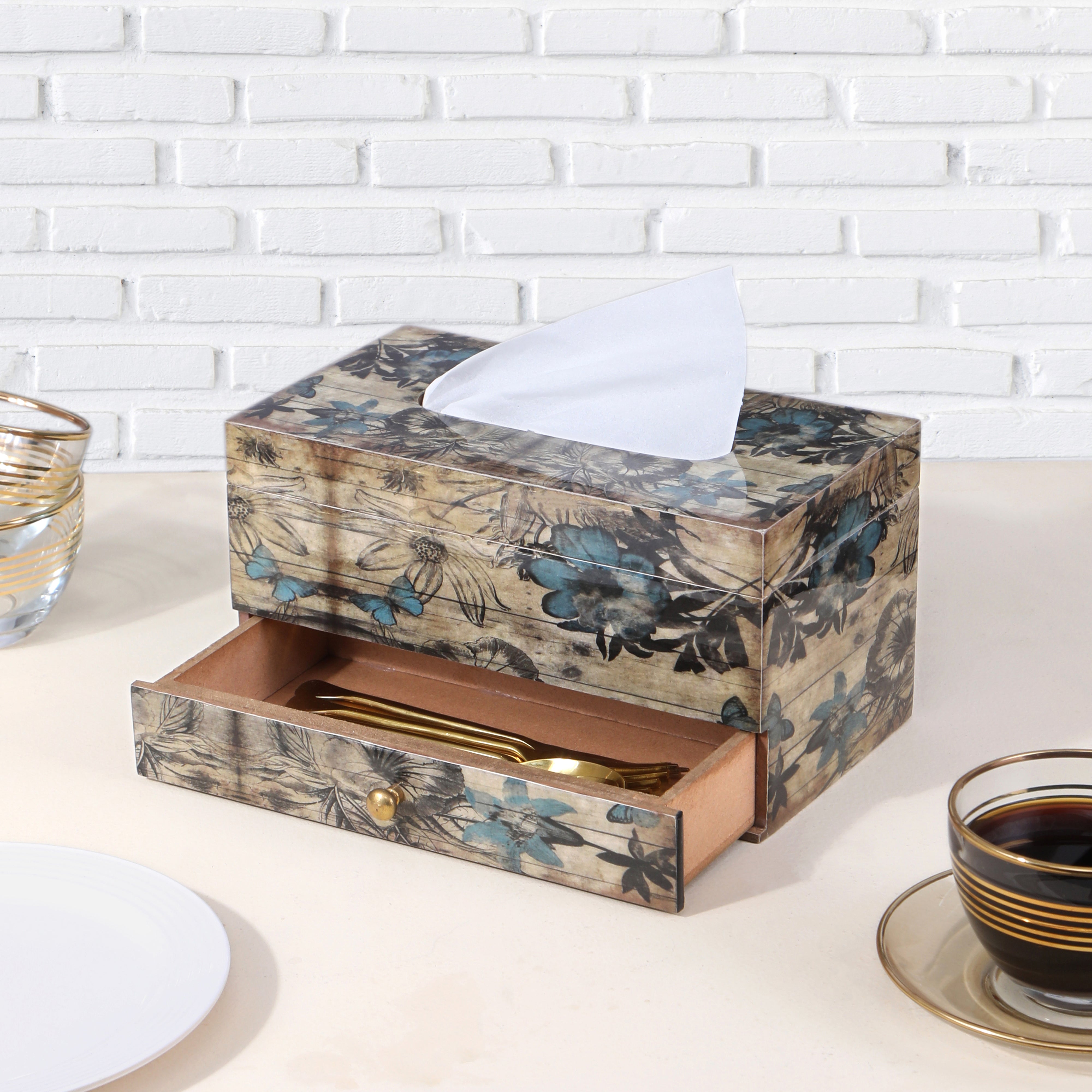 Tissue Box - Blue With Drawer