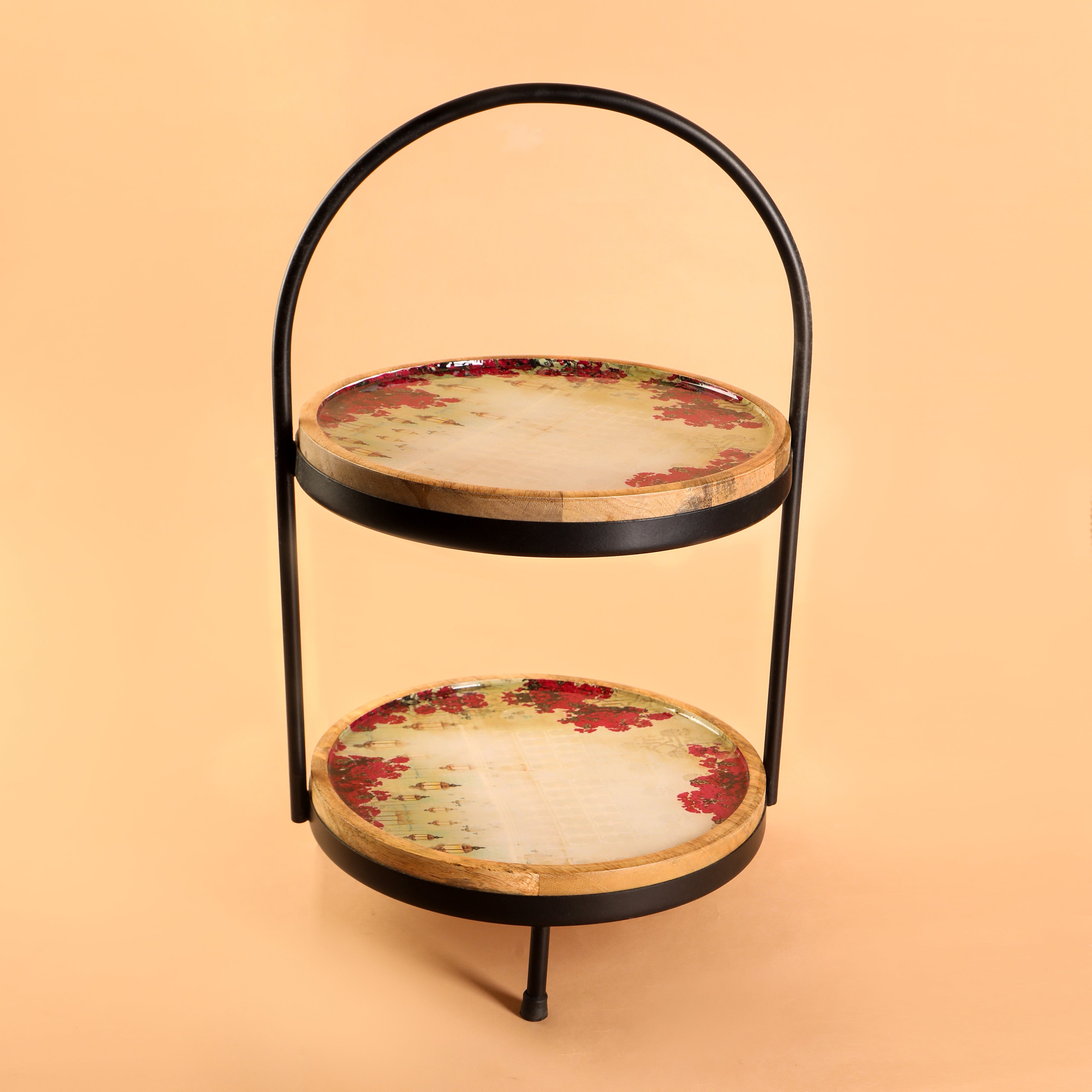 Wooden Pink Lantern Print & Enameled 2 Tier Platter With Metal Handle