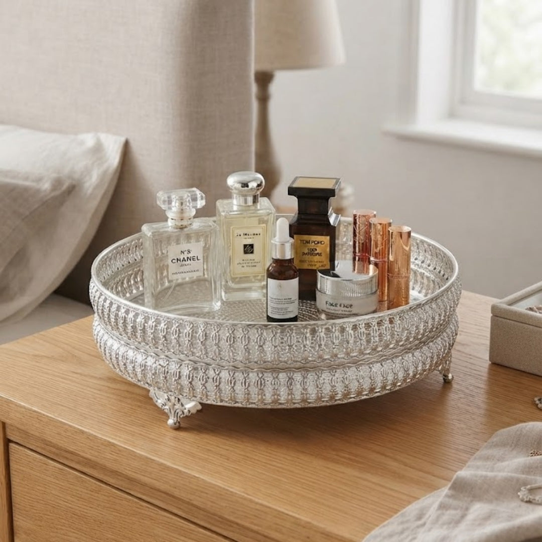 Decorative Silver Round Filigree Tray with Beaded Edges and Ornate Feet