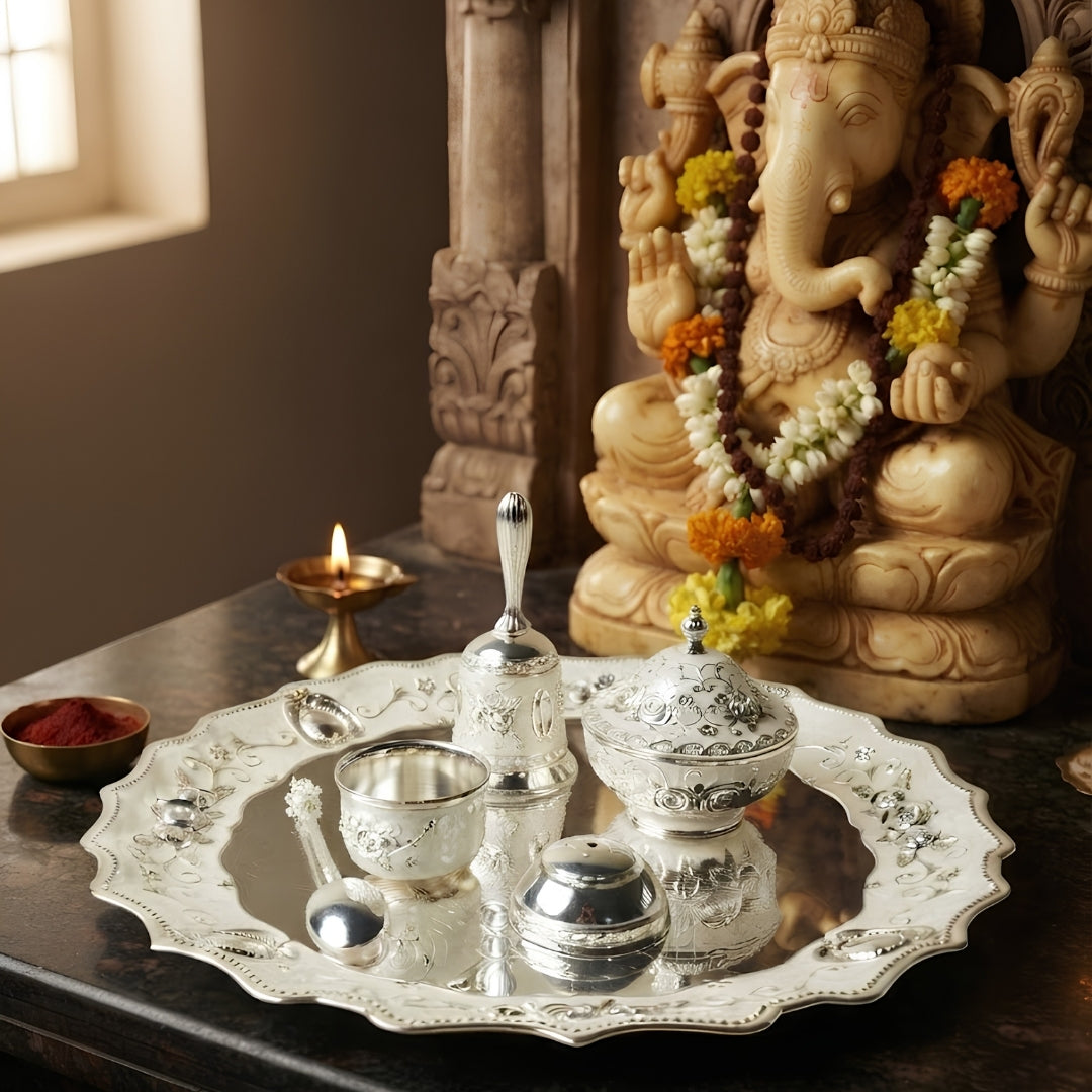 Silver-Plated Floral Design Pooja Thali Set