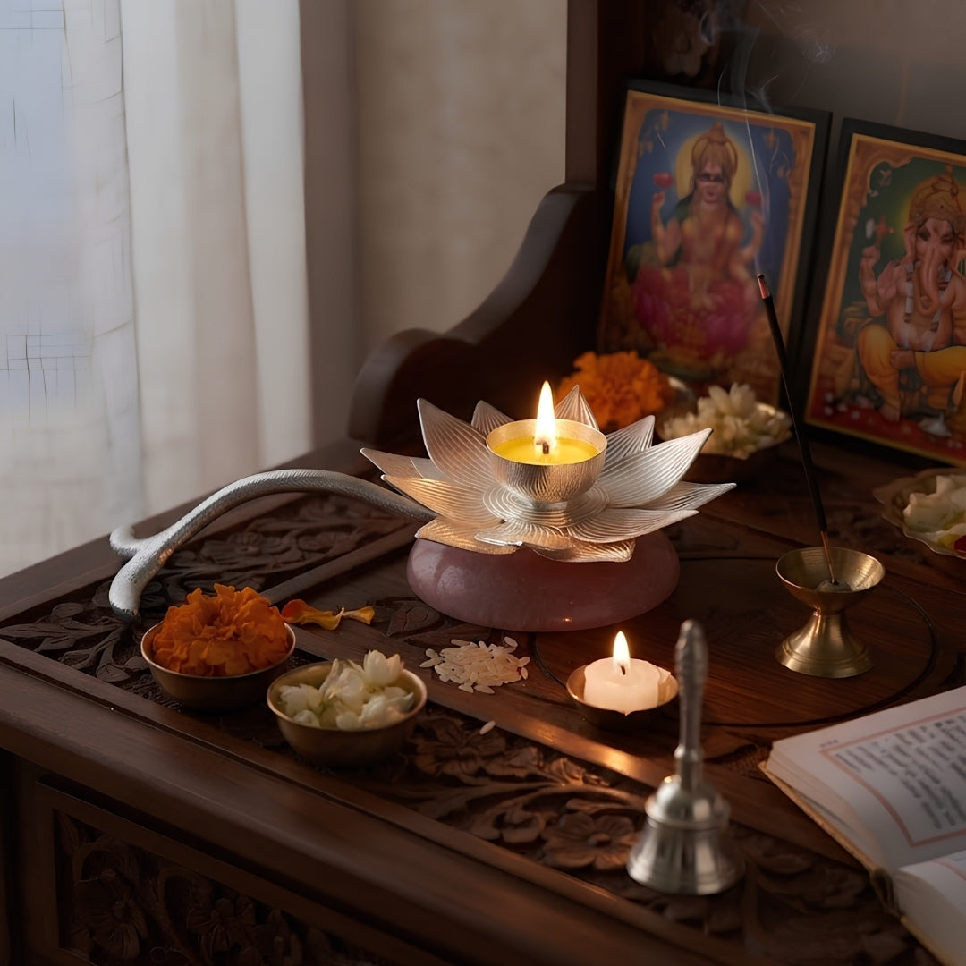 Silver Lotus Diya in Velvet Box