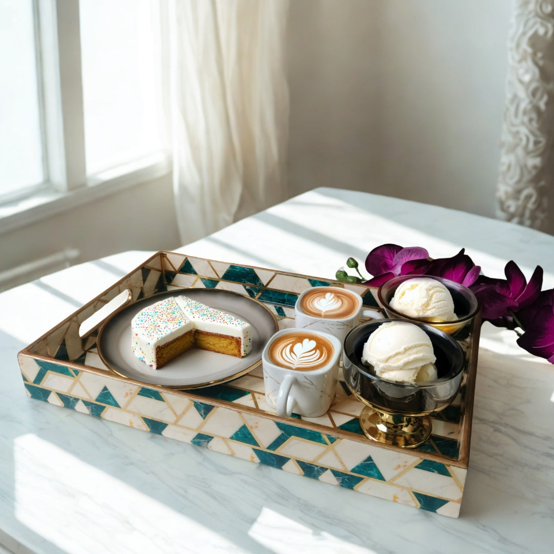 Wooden Green Abstract Print Design Enamel Tray