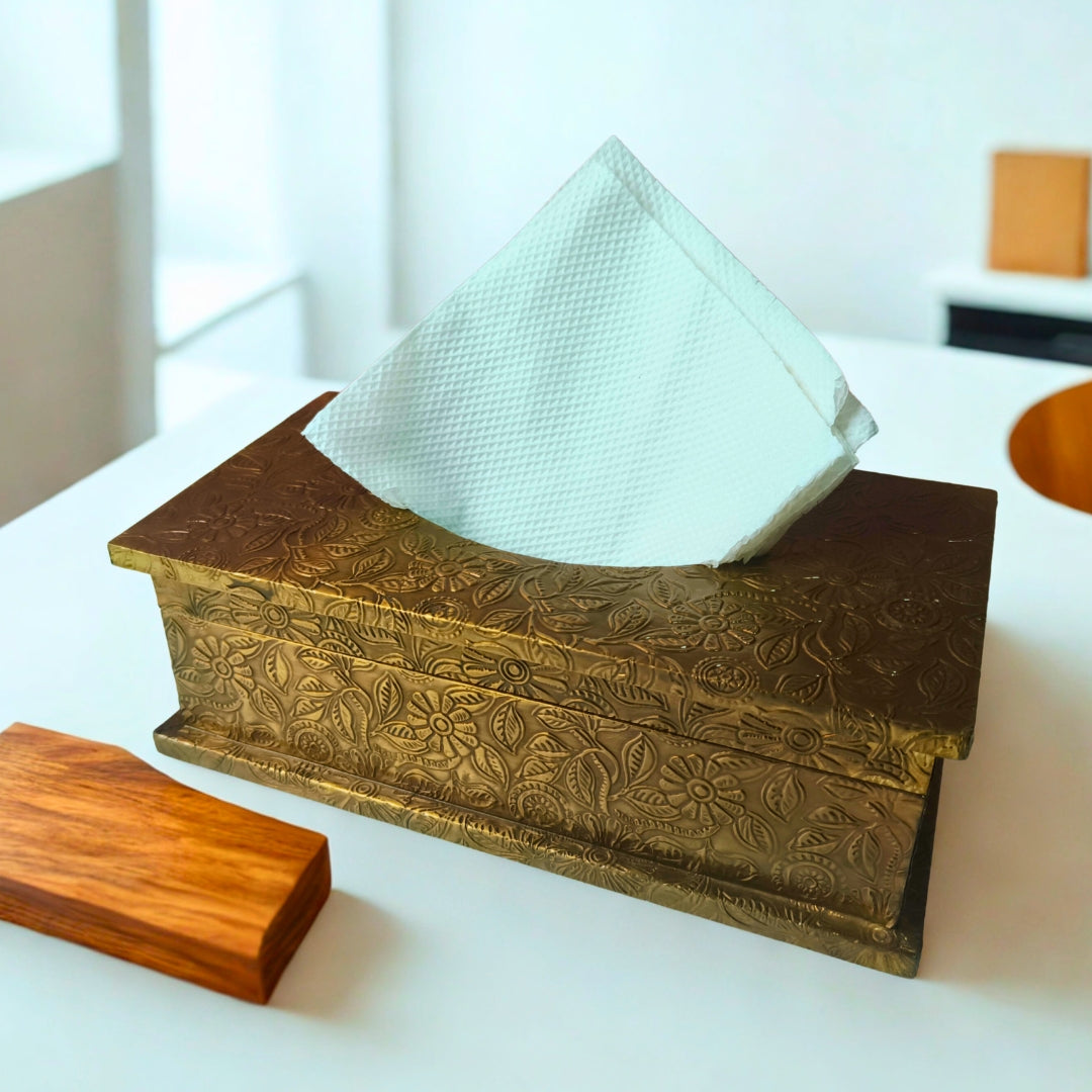 Tissue Box - Wooden Brass Etched Design