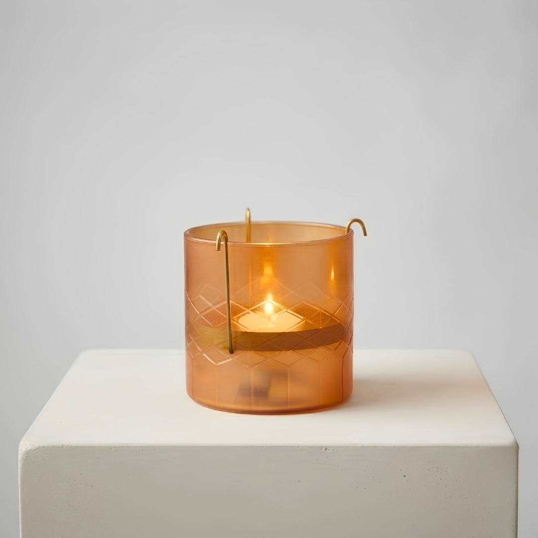 Set of 2 Brown Glass Votives with Internal Metal Tea Light Holders