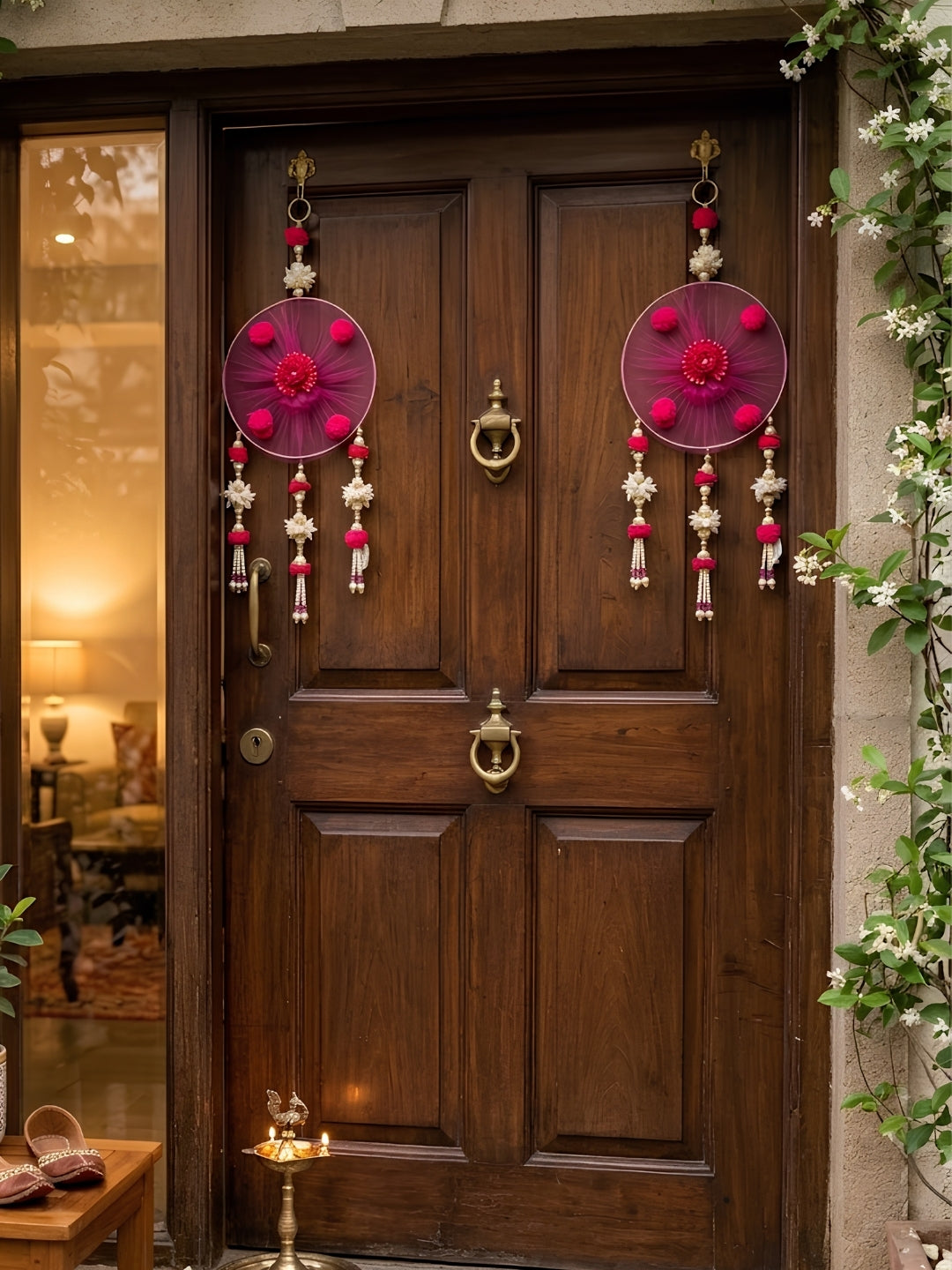 Dark Pink Pom-Pom & Pearl Festive Side Hangings