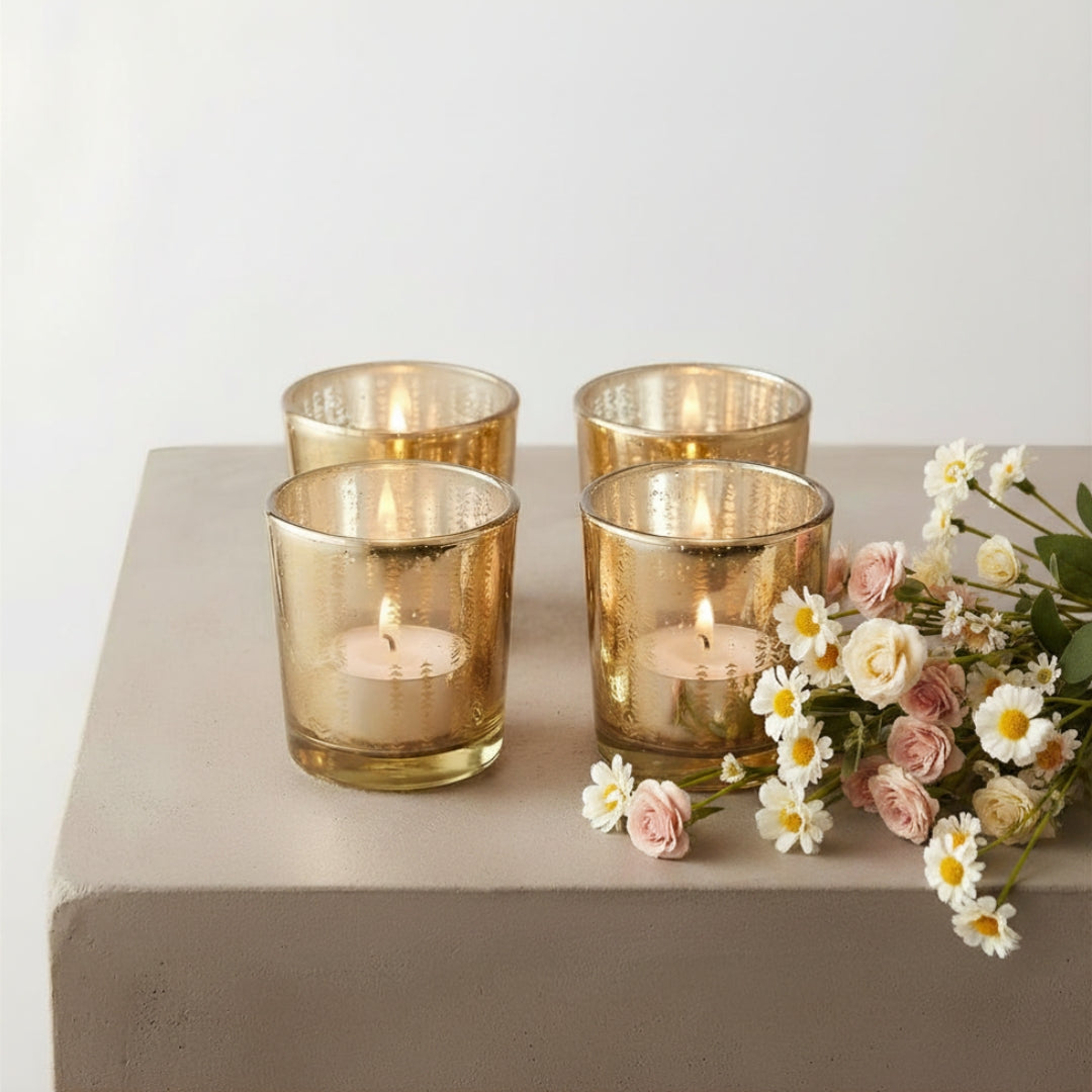 Green Glass Votive Holders with Leaf Etching - Small Set of 4
