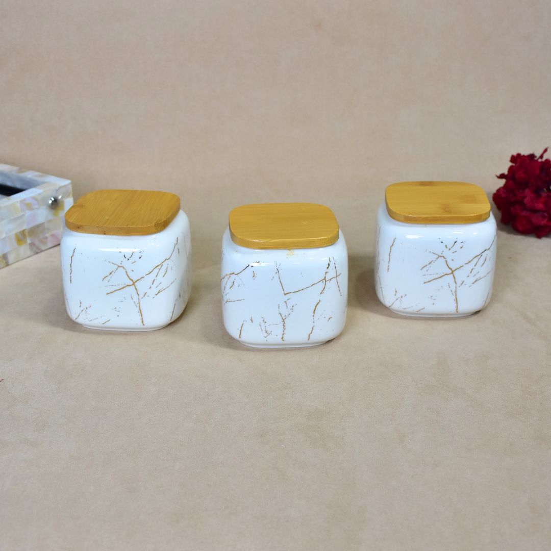 Ceramic Jar With Bamboo Tray Set Of 3 - White