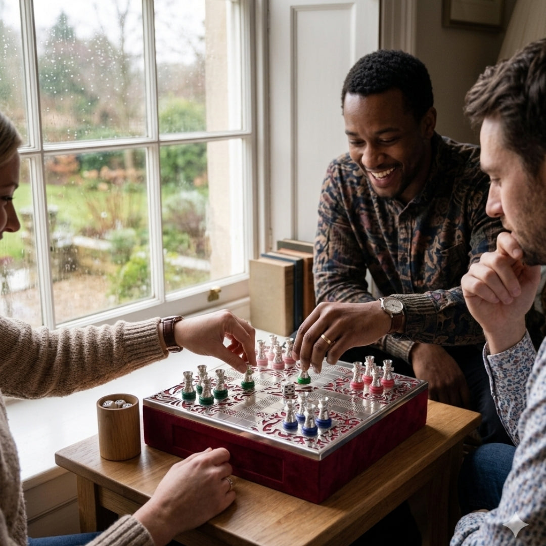 Luxury Silver Plated Ludo Box with Pull-Out Drawer, Metal Pawns & Red Velvet Base