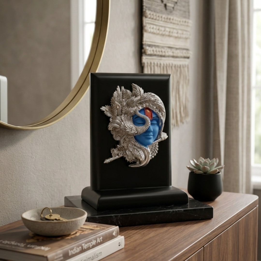 The Home Co. 999 Pure Silver Plated Krishnaji Face Idol | Divine Shri Krishna Spiritual Decor in Premium Velvet Box