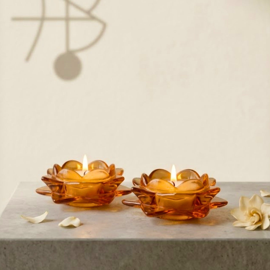 Brown Glass Lotus Candle Holder - Scented Wax Tealight Set (Set of 2)