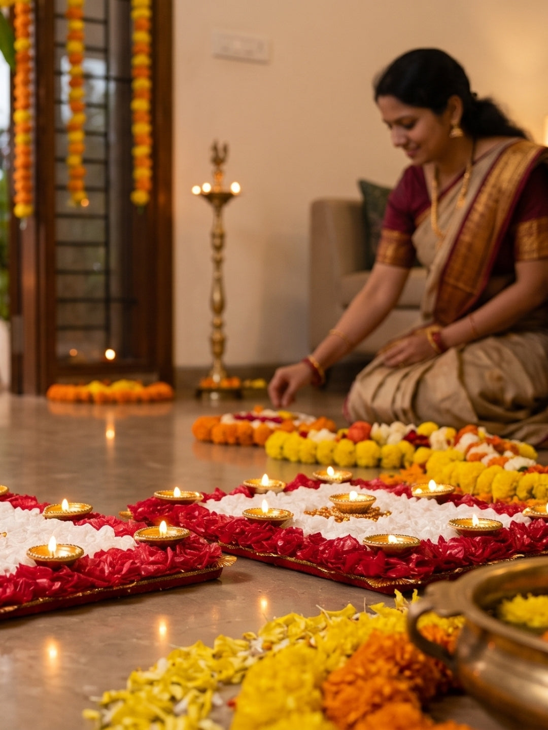 Artifical marigold rangoli set of 2 with LED diyas - Rectangle Red & white