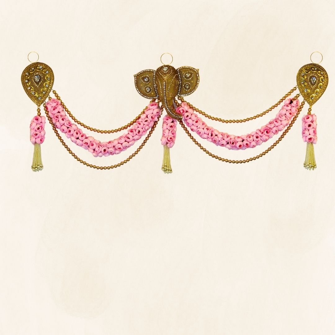 Ganesha Pink Garland With Gold Leaf And Pearl Beaded Toran