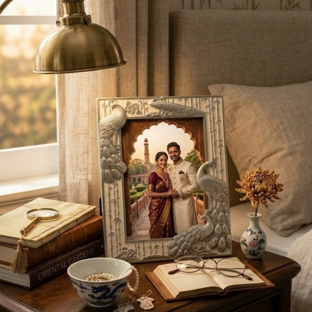 Decorative Silver Peacock Design Photo Frame