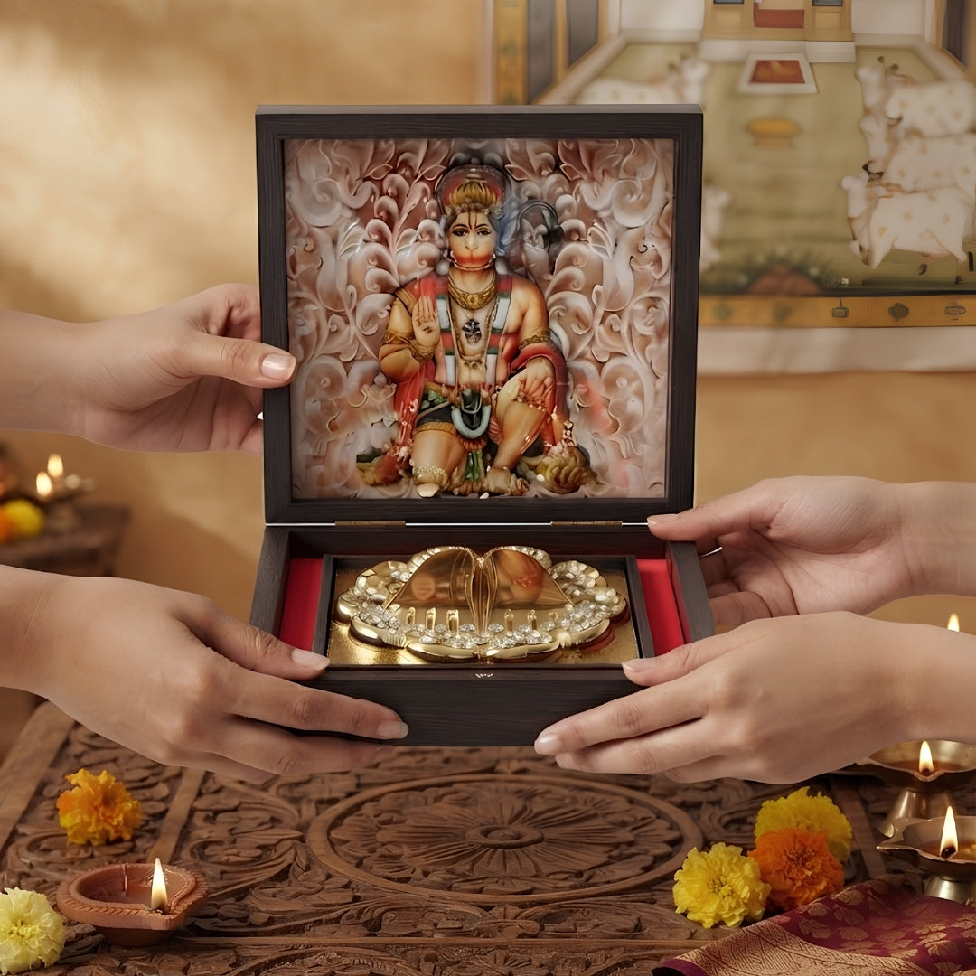 Lord Hanuman Golden Charan Paduka in Wooden Box