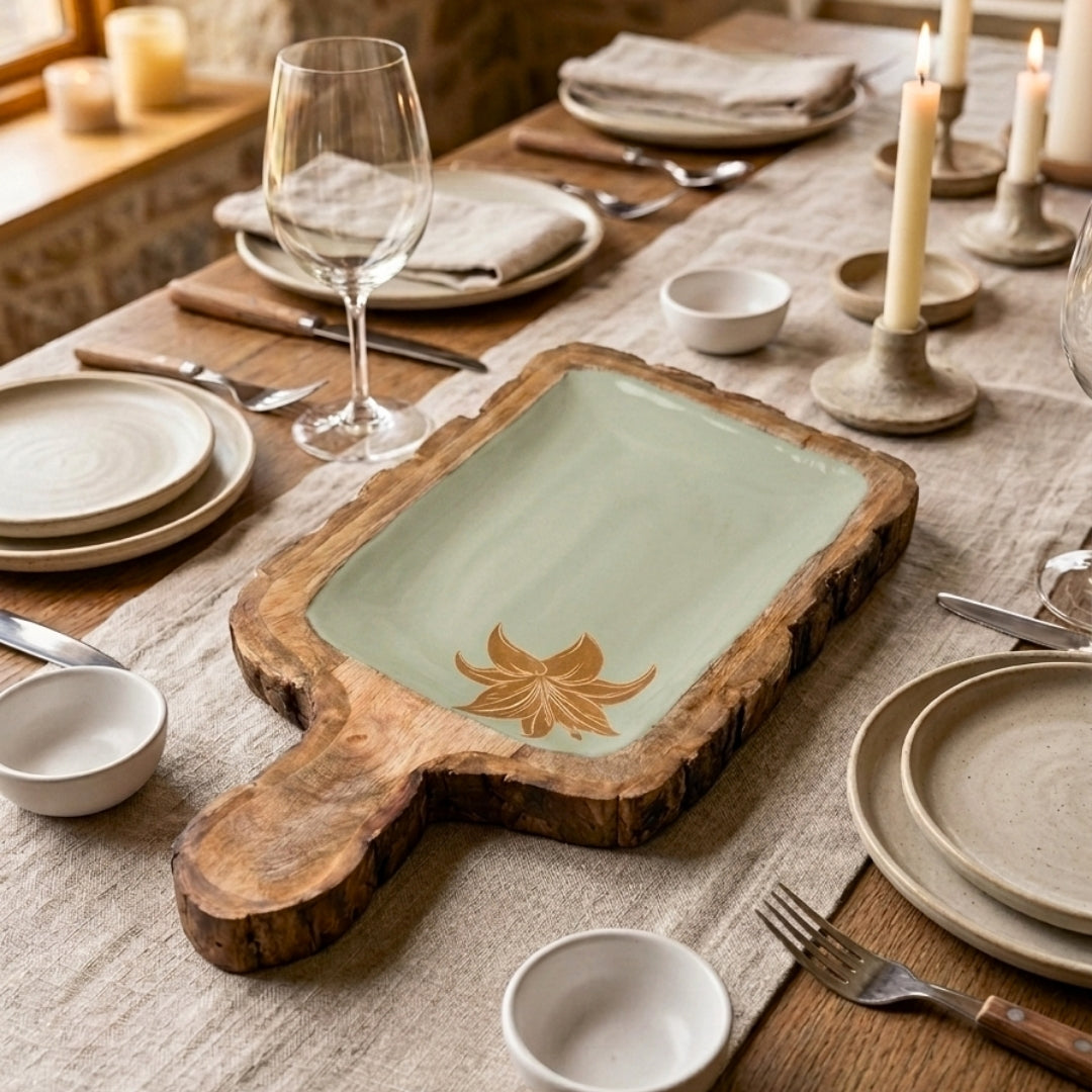 Green Enamel Wooden Paddle Platter with Tulip Foil Print