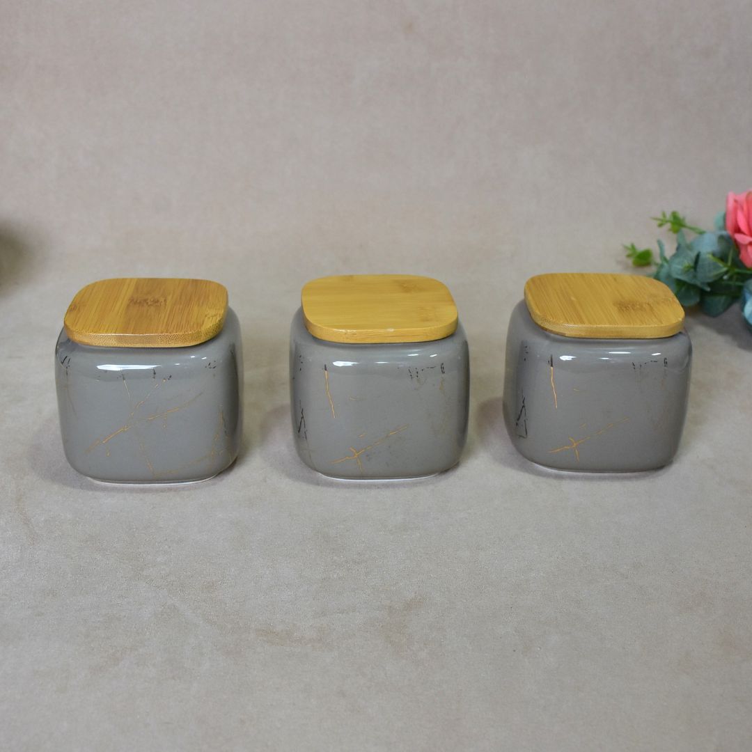 Ceramic Jar With Bamboo Tray Set Of 3 - Grey