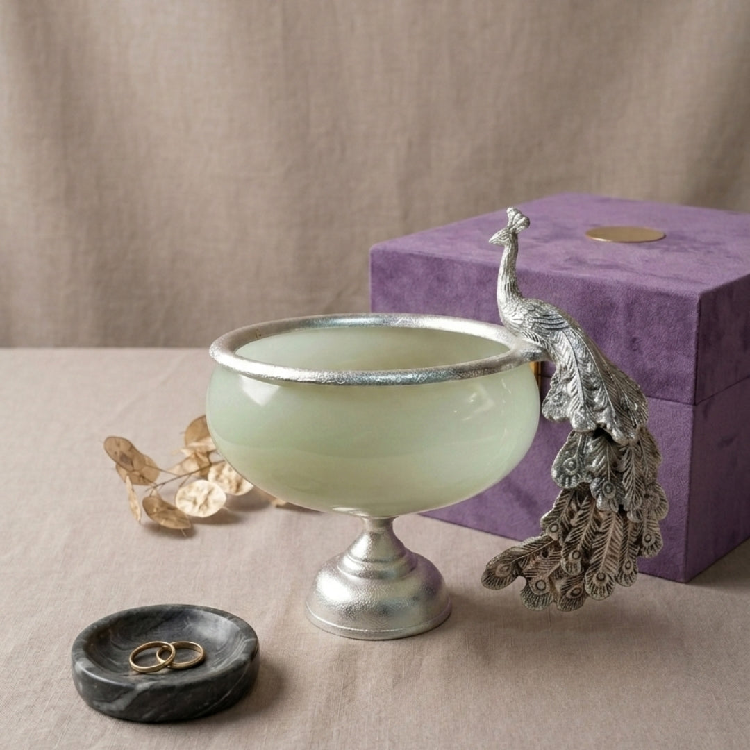 Handcrafted Metal & Glass Peacock Bowl with Premium Velvet Gift Box