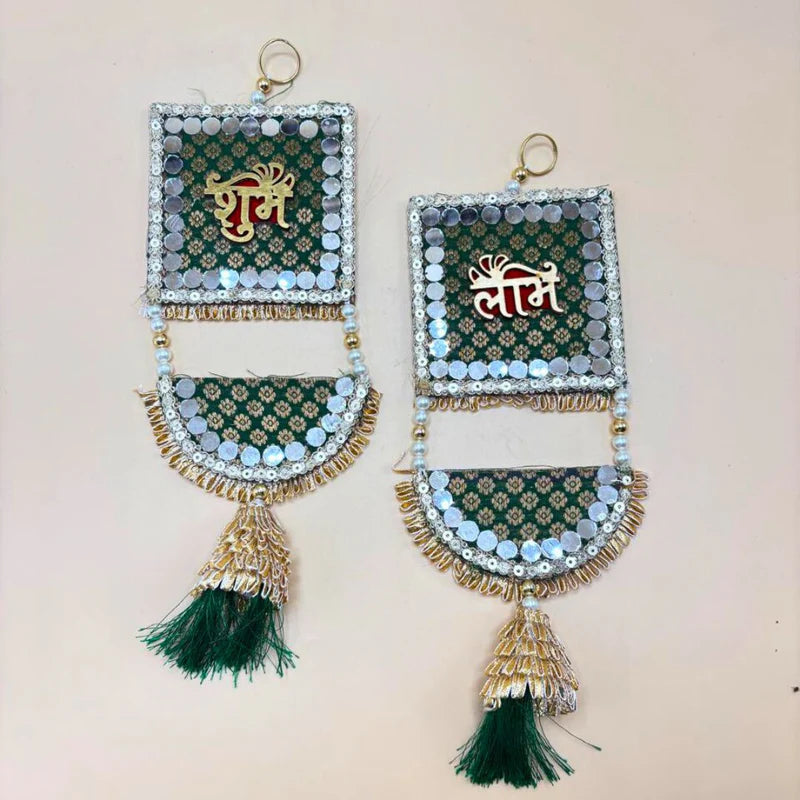 Side Hanging Set Of 2 - Brocade Shubh Labh Green Large