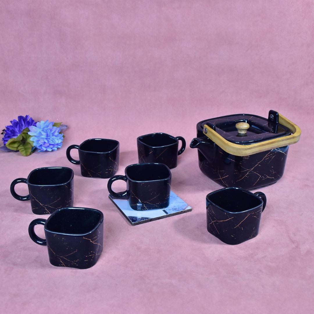 Ceramic Cup & Teapot With Tray Set Of 6 - Black