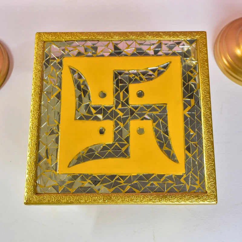 Swastika Design Mosaic Chips Wooden Chowki Medium 12"