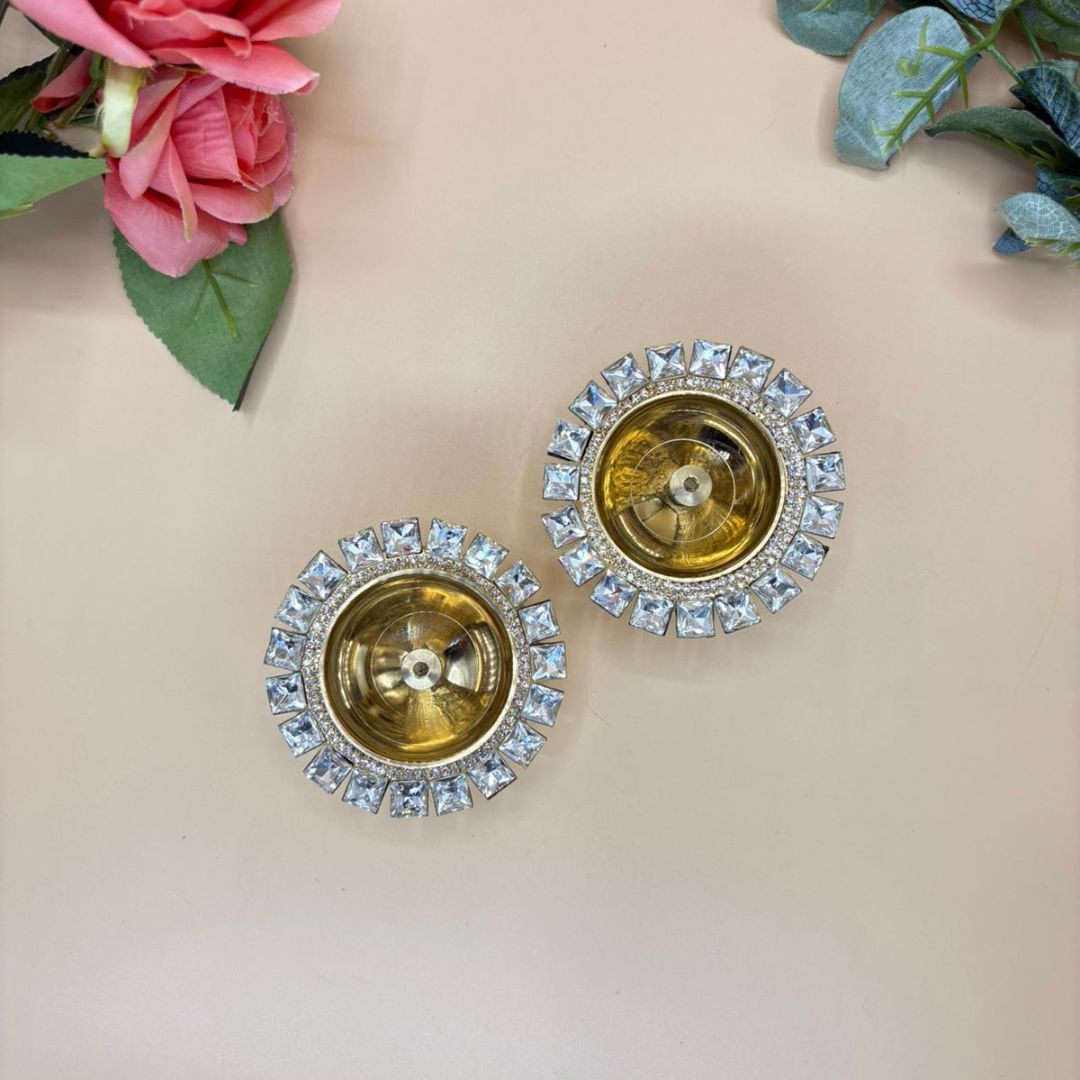 Gold Plated Metal & Diamond Diya Set Of 2