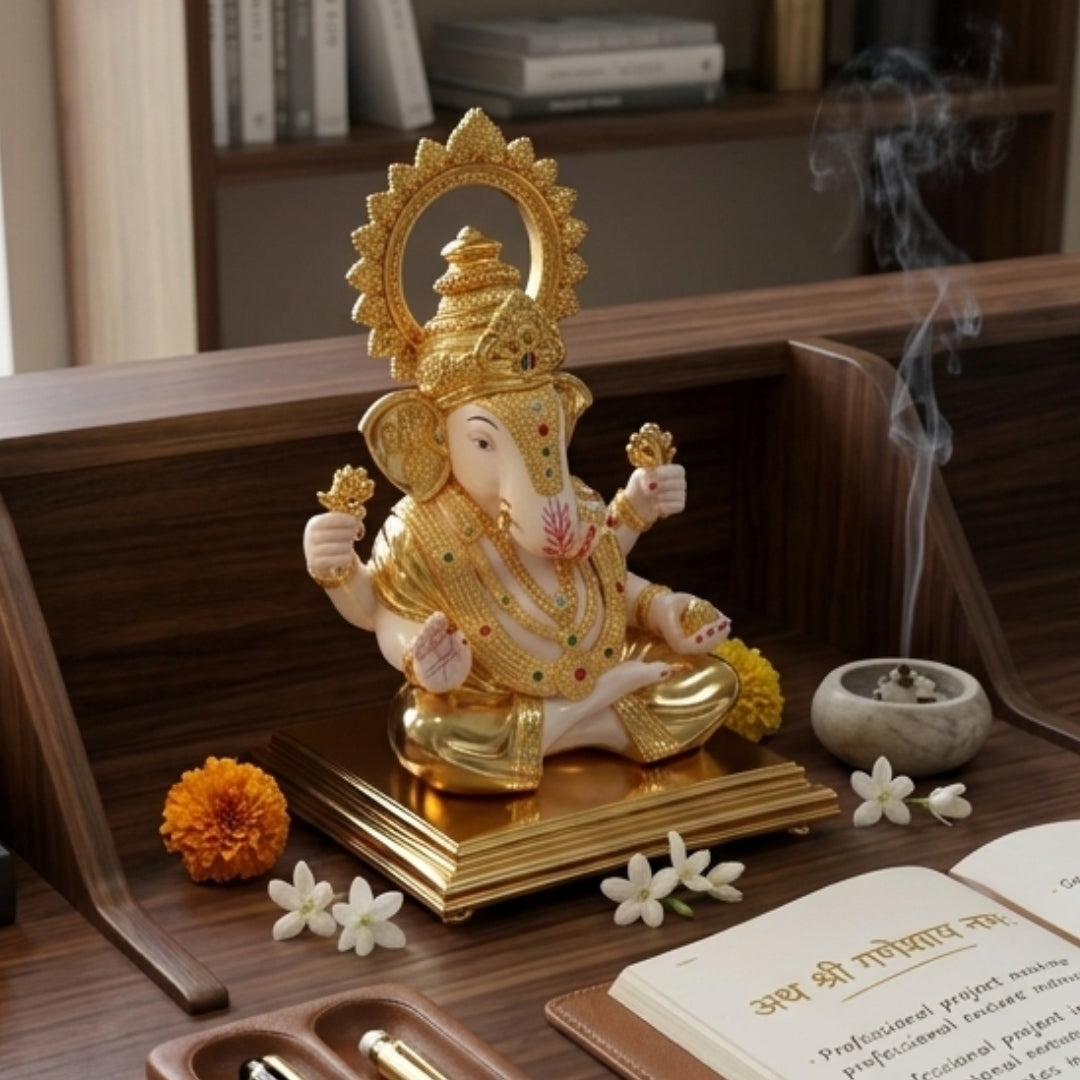 Premium 24K Gold-Plated Lord Ganesha Idol – Exquisite Handcrafted Ganpati Murti for Home Decor, Office Desk & Luxury Gifting ( White & Gold Finish)