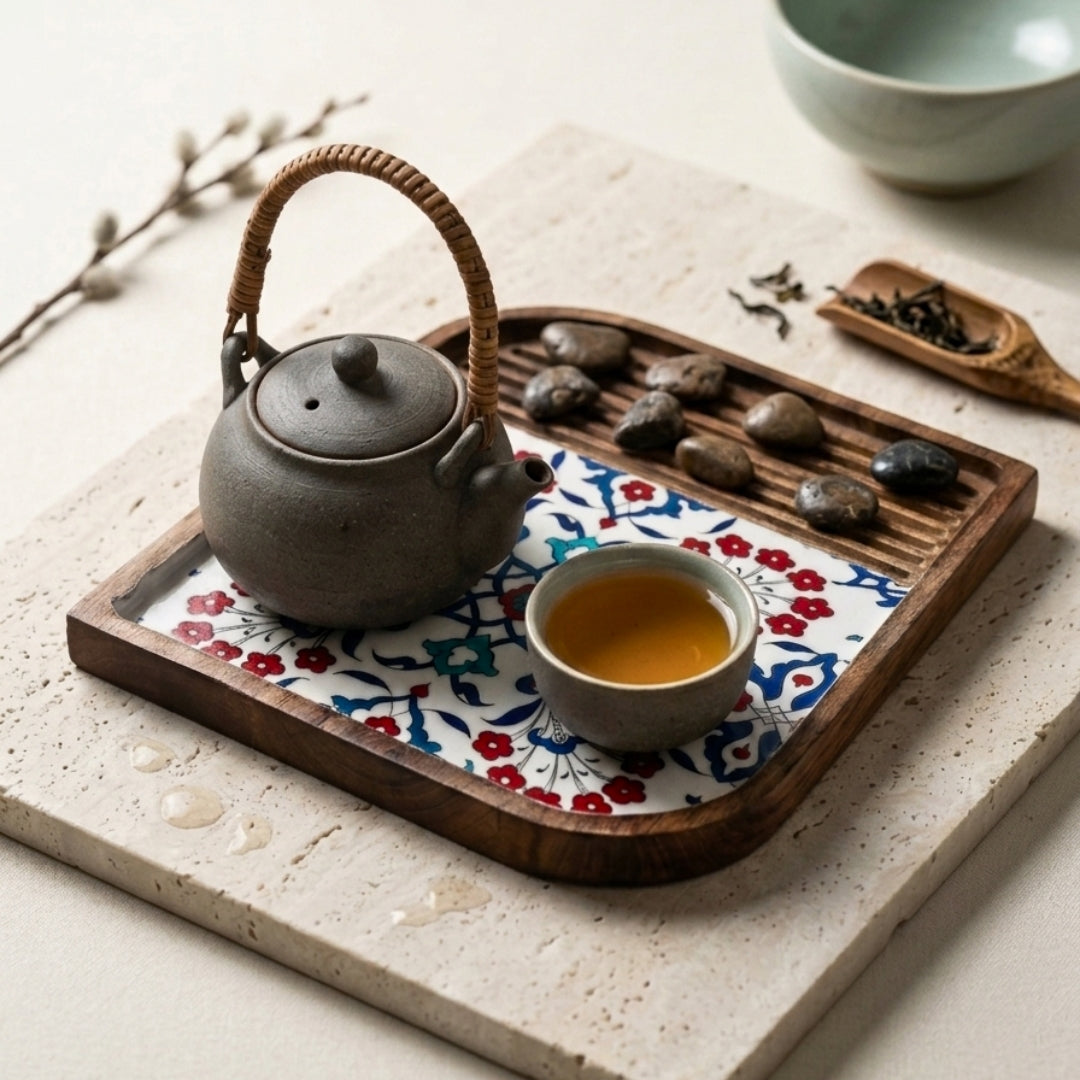 Turkish Print Enamel & Ribbed Wooden Rectangular Platter