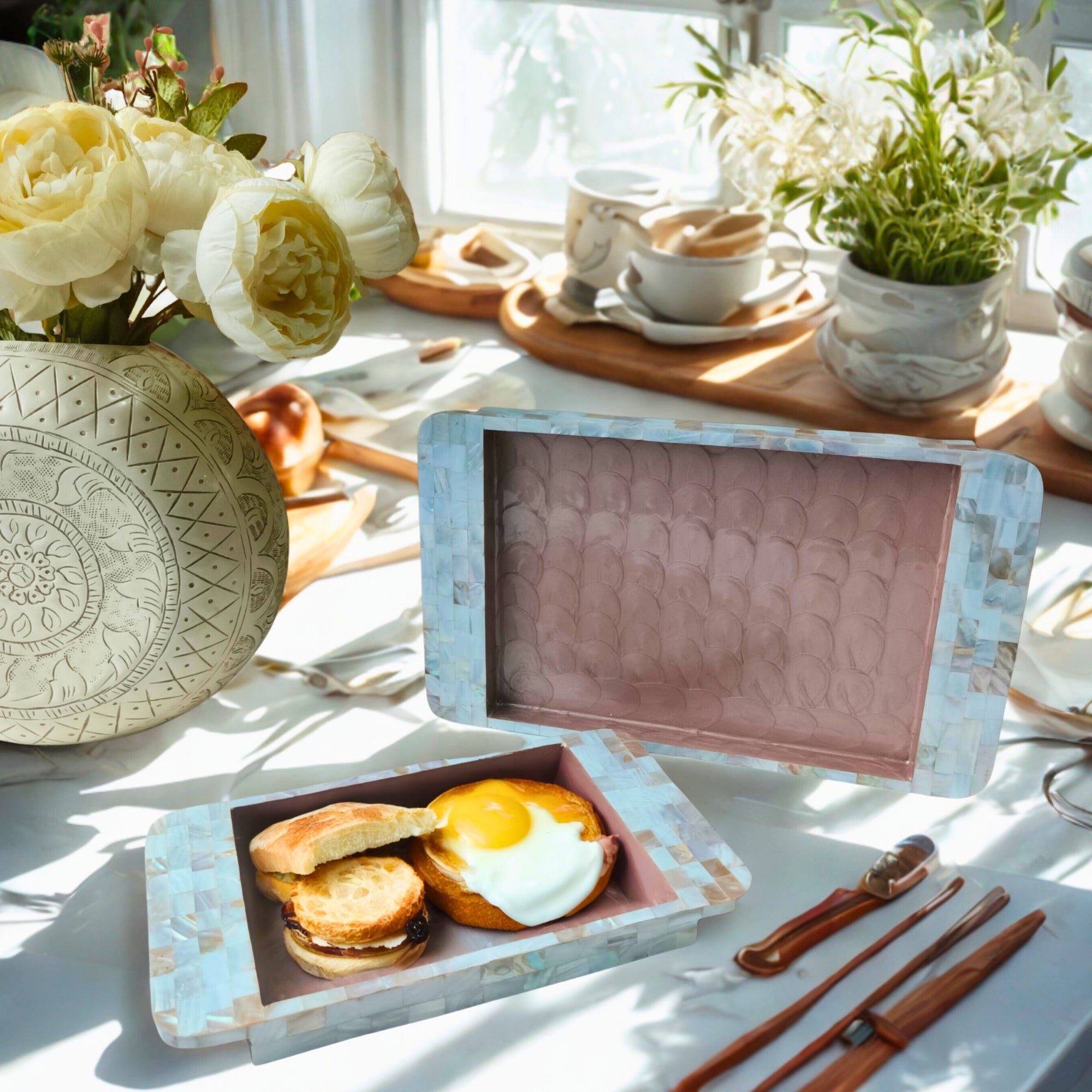 Rectangle Tray Set Of 2 - Wooden with White mother of pearl