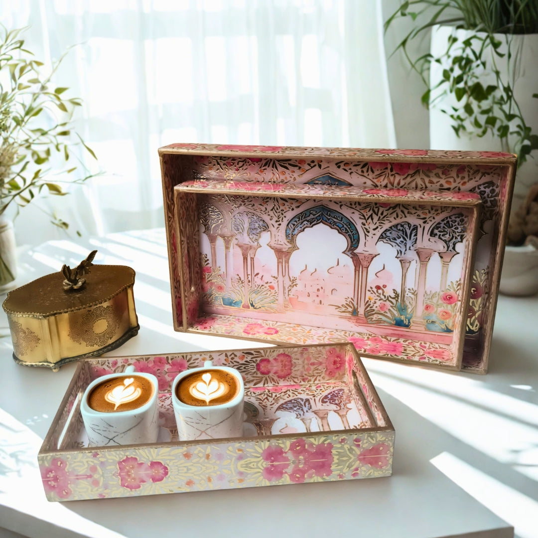 Mughal Print Design Enamel Tray(Tray Set of 3)
