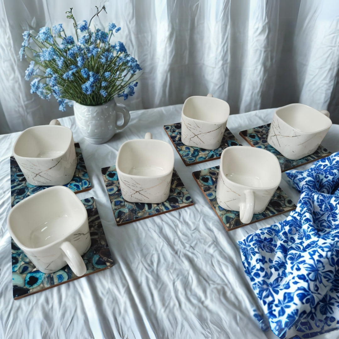 Table Coaster - Wooden Blue Agate Print With Enamel Set of 6