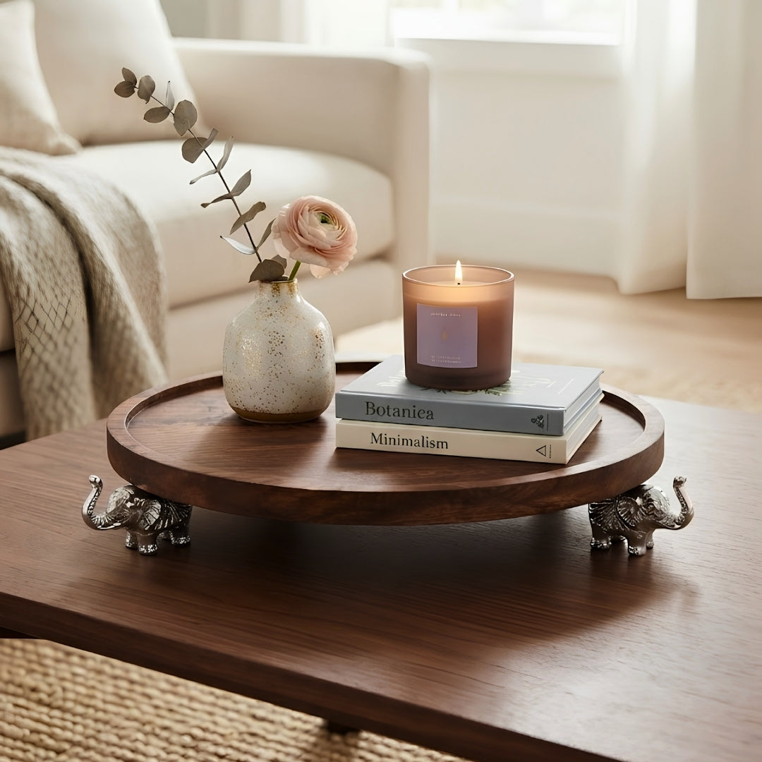 Wooden Round Serving Tray with Silver Elephant Feet