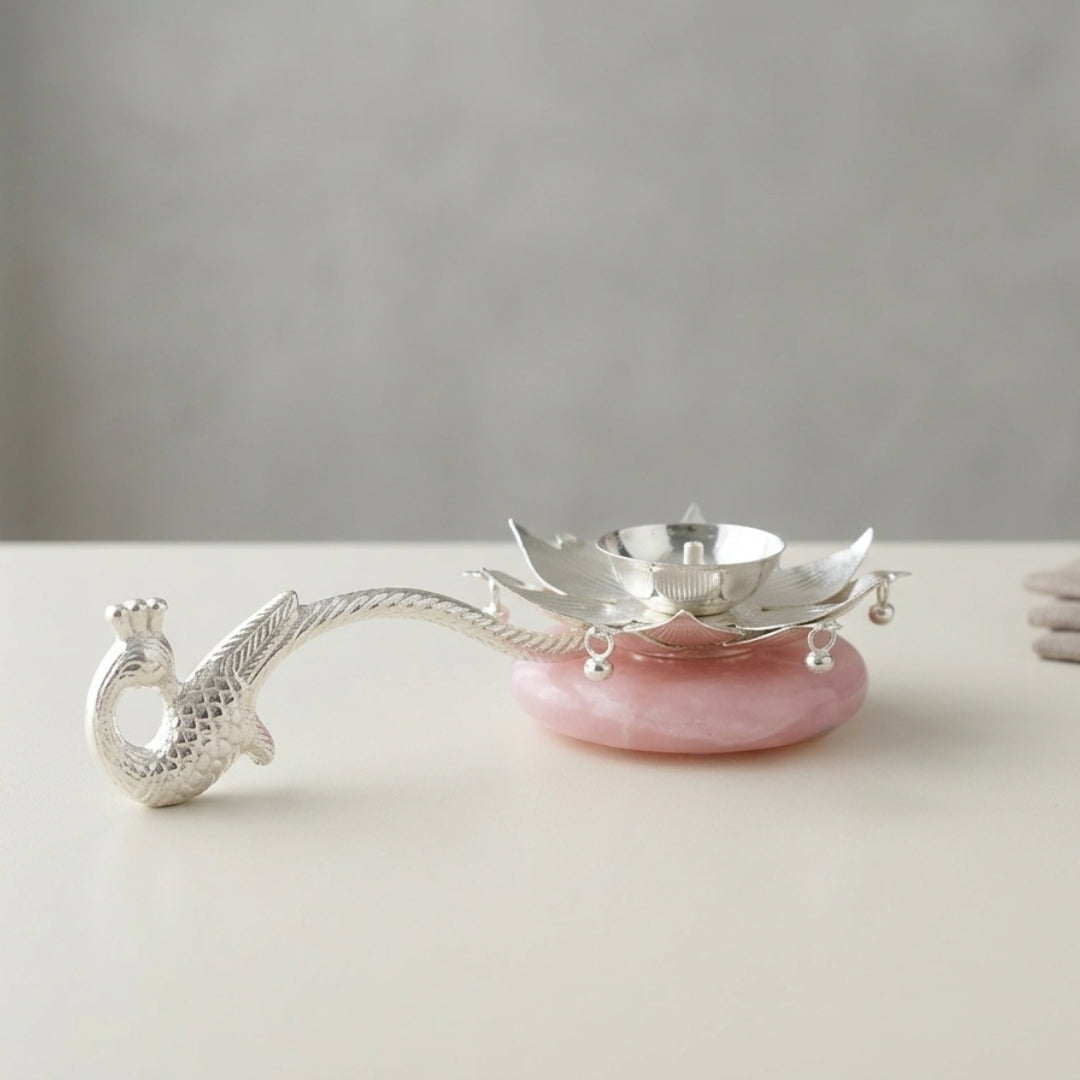 Luxury Silver Plated Lotus Diya with Peacock Handle & Pink Quartz Base