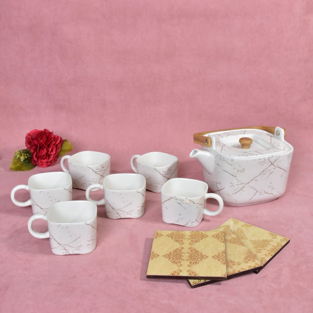 Ceramic Cup & Teapot With Tray Set Of 6 - White