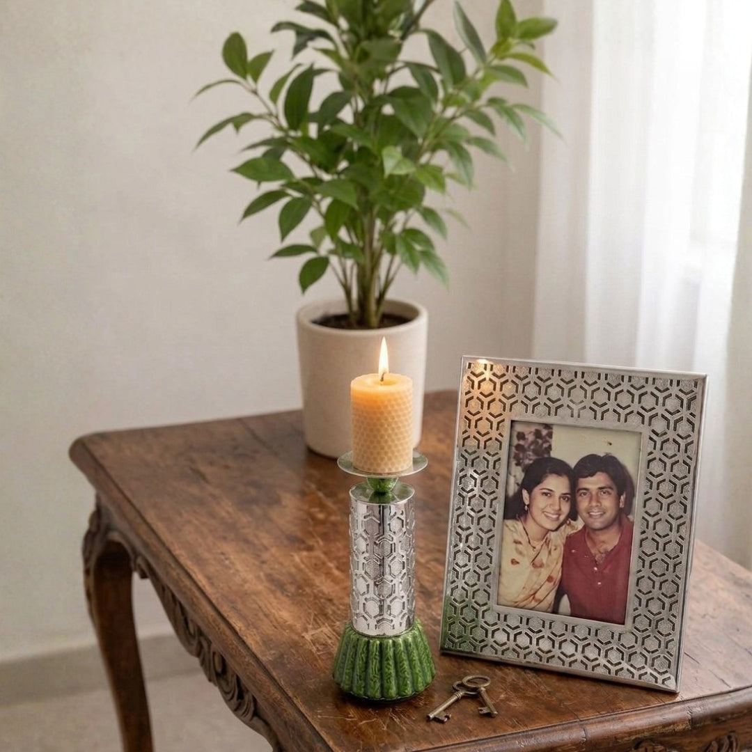 Luxury Silver Plated Photo Frame & Candle Holder Gift Set in Premium Green Box